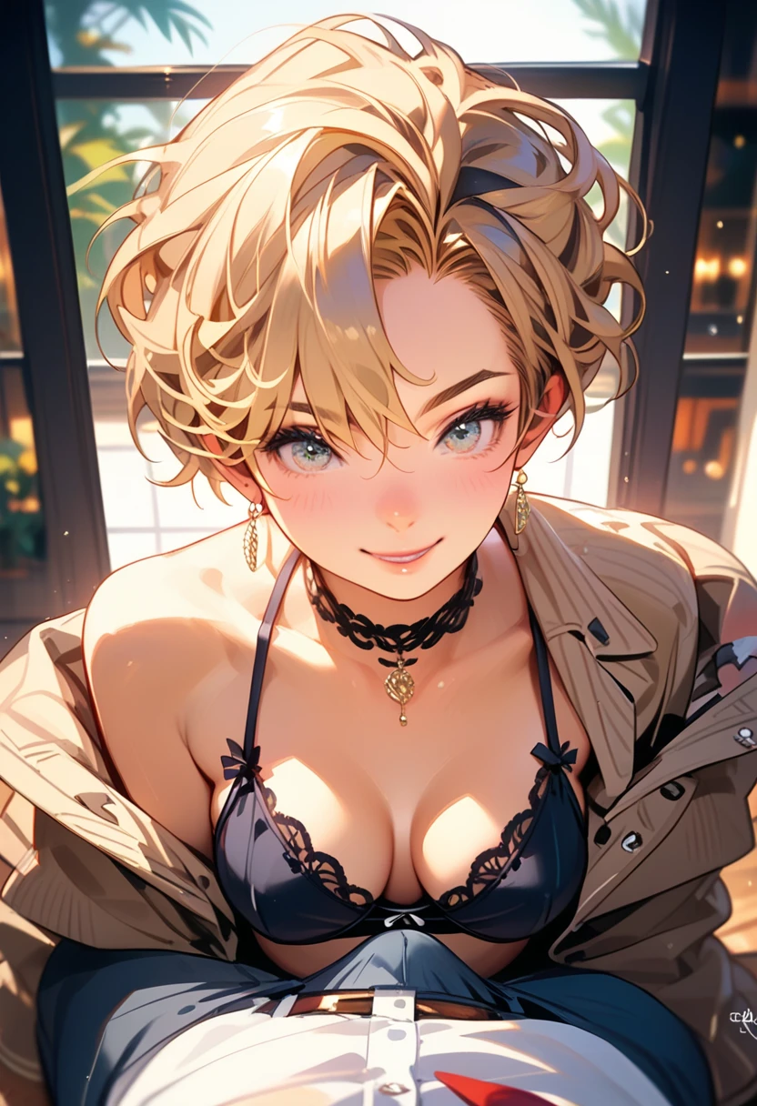 (Highest quality, Ultra-high resolution、The most complex and detailed depiction、masterpiece、8k, RAW Photos, Best image quality、Very detailedな顔、Attention to detail、Beautiful woman、Realistic、photo-Realistic、Very detailed, Beautiful attention to detail:1.5),(One adult woman:1.3)、(blush)、(Gal-style makeup、mascara 、eyeshadow、Dark eyeliner、Long and beautiful eyelashes、False eyelashes、double eyelid、heavy makeup、hostess、Brown eyes、:1.5),primitive、Fur dresses、(Leopard print ears)、Large tattoo on the stomach、A seductive smile,(under boob、Huge breasts)、(Cleavage:1.2)、(((Blonde、Wavy Hair、short hair)))、elongated nose、Face with gills、(Very tanned and shiny skin:1.5),(Perfect Style)、Saggy breasts、Large saggy breasts、((Sweat、Your body is wet))、Sleepy face