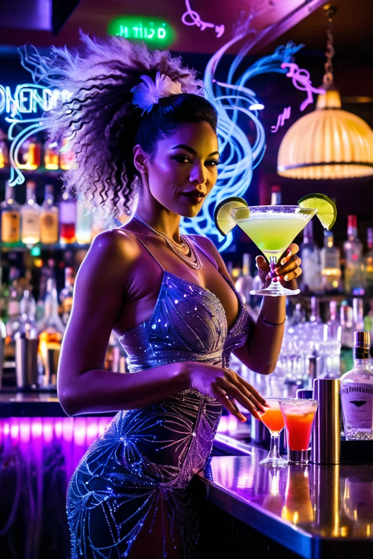 young man in a party environment, surrounded by friends and admirers. She's at the center of attention, with a confident smile. She holds a glass of drink and appears to be having fun without any worries. The men around her are clearly interested in her, with expressions of fascination and adoration. The atmosphere is lively, with flashing lights and loud music (Black-skinned woman Beautiful brunette with a perfect body, beautiful, big, perfect breasts, wide, thin thighs, perfect, everything perfect,) ((Art Style Full Length View, piano completo))characteristics (Purple and black straight hair style, wavy, prisoner, Loose) ( Clothing Style ) ( glasses Tattoo style Full Body):Lábios pintados de preto e purple,eye-catching makeup, styles and colors (purple, cerulean) in some scenes. Different in each scene, with luxurious pieces and jewelry, varying for styles, .8K uhd, high qualiy, volumetric light, photoshot, high resolution, 4K, 8K