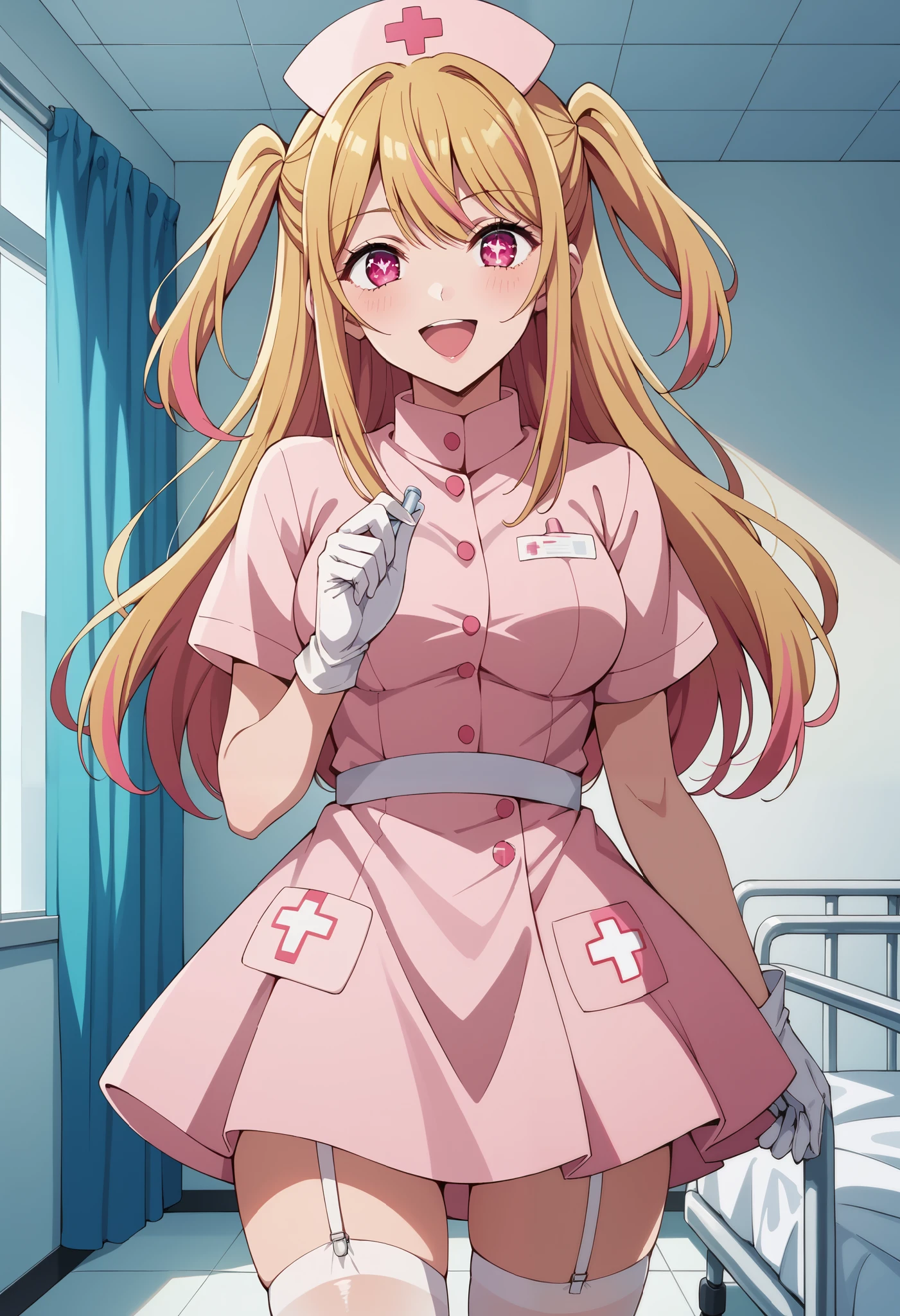 Score_9, score_8_up, score_7_up, source_anime, ruby hoshino, long hair, bangs, blonde hair, pink eyes, sidelocks, symbol-shaped pupils, multicolored hair, two-tone hair, one side up, (best quality), (high quality), {masterpiece}, extremely delicate and beautiful, ultra-detailed, beautiful detailed eyes, nurse, nurse hat, ((pink nurse's outfit)), white gloves, white legwear, zettai ryouiki, hospital room, smile, open mouth, standing