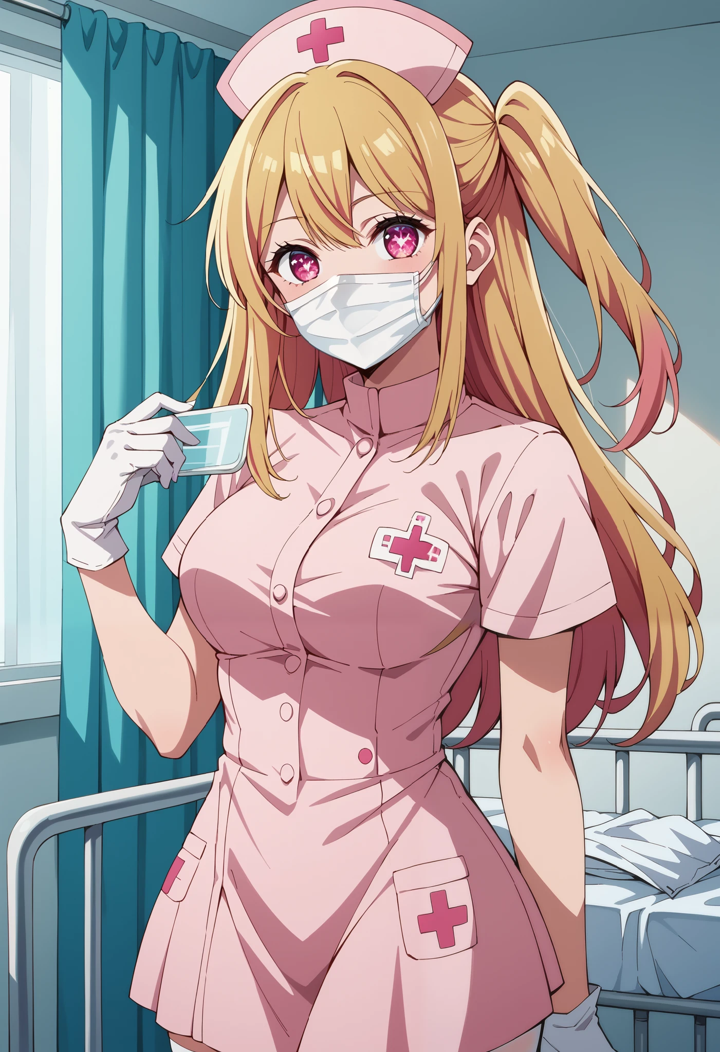Score_9, score_8_up, score_7_up, source_anime, ruby hoshino, long hair, bangs, blonde hair, pink eyes, sidelocks, symbol-shaped pupils, multicolored hair, two-tone hair, one side up, (best quality), (high quality), {masterpiece}, extremely delicate and beautiful, ultra-detailed, beautiful detailed eyes, nurse, nurse hat, ((pink nurse's outfit)), white gloves, white legwear, zettai ryouiki, hospital room, ((white surgical mask, covered nose)), standing