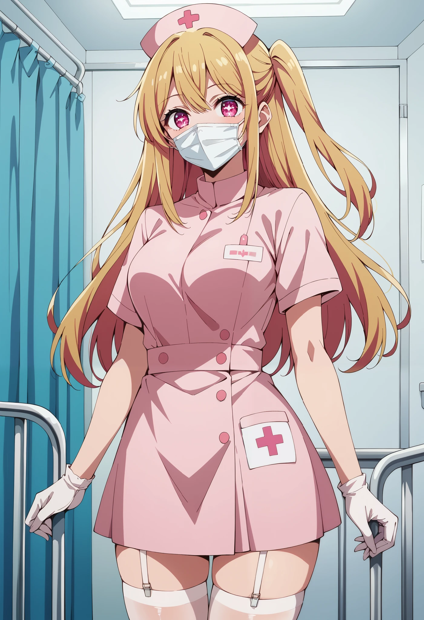 Score_9, score_8_up, score_7_up, source_anime, ruby hoshino, long hair, bangs, blonde hair, pink eyes, sidelocks, symbol-shaped pupils, multicolored hair, two-tone hair, one side up, (best quality), (high quality), {masterpiece}, extremely delicate and beautiful, ultra-detailed, beautiful detailed eyes, nurse, nurse hat, ((pink nurse's outfit)), white gloves, white legwear, zettai ryouiki, hospital room, ((white surgical mask, covered nose)), standing