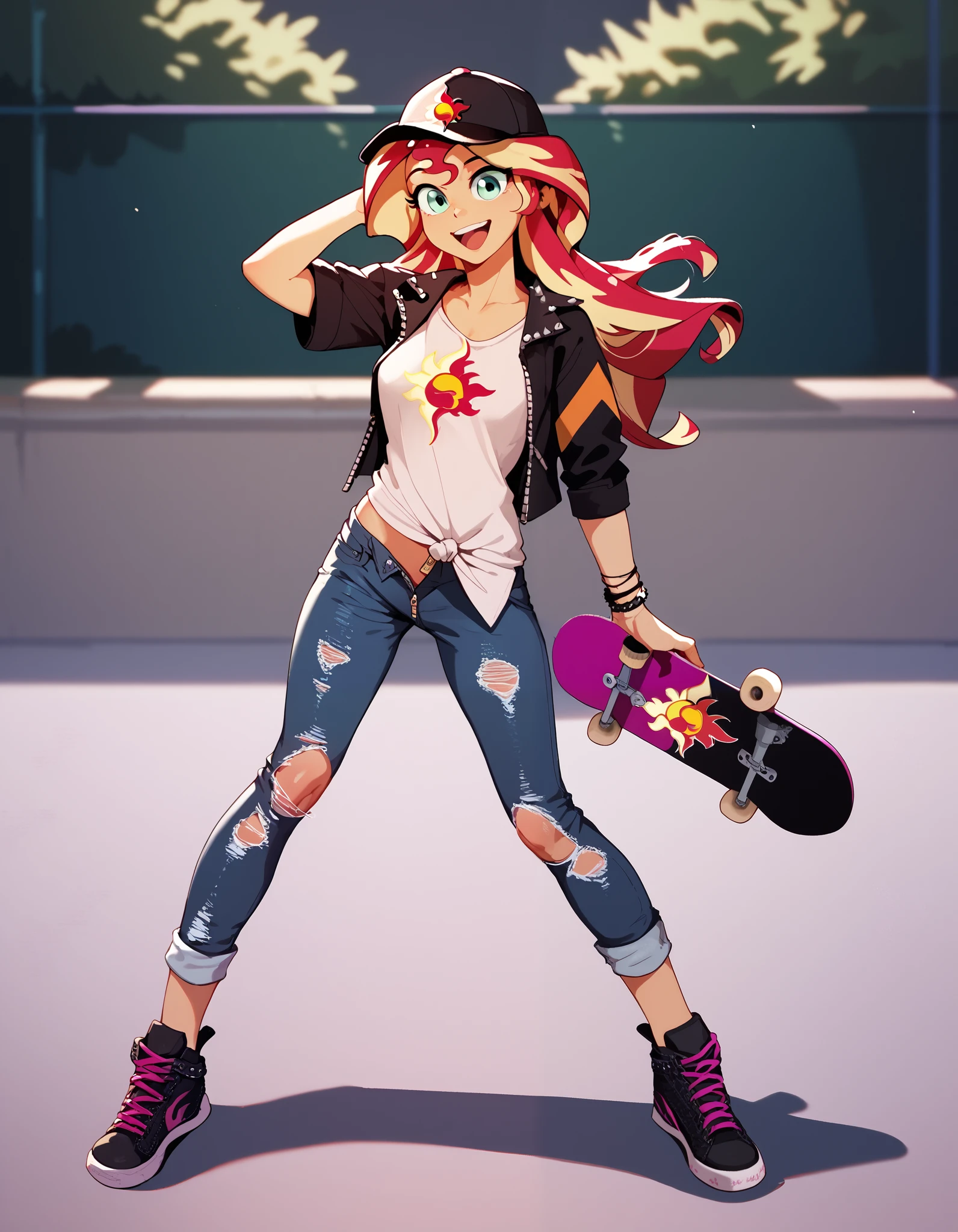 Sunset shimmer, loose shirt, baseball hat, torn jeans, skateboard, scraped knees, happy, unzipped jeans, sneakers
