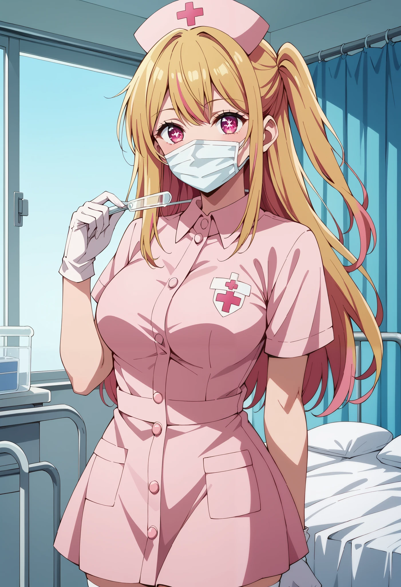 Score_9, score_8_up, score_7_up, source_anime, ruby hoshino, long hair, bangs, blonde hair, pink eyes, sidelocks, symbol-shaped pupils, multicolored hair, two-tone hair, one side up, (best quality), (high quality), {masterpiece}, extremely delicate and beautiful, ultra-detailed, beautiful detailed eyes, nurse, nurse hat, ((pink nurse's outfit)), white gloves, white legwear, zettai ryouiki, hospital room, ((white surgical mask, covered nose)), standing