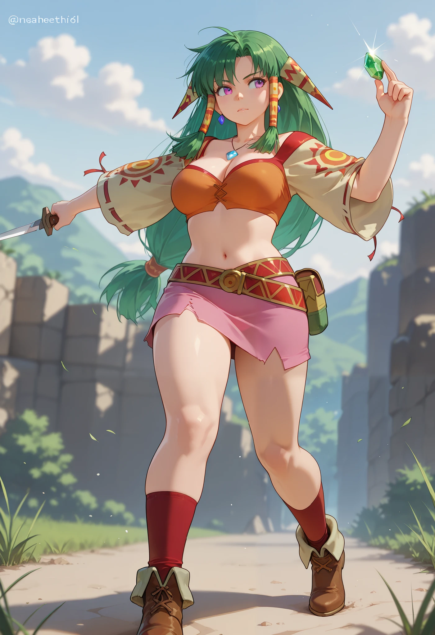 26 yo, face look alike to feena from \(Grandia\), Beautiful Mature young milf, eyesHD, high gradient eyes, detailed eyes, high definition eyes, (mature woman with lean perfection abdomen), sweet sweet expression, confident, large natural breasts, Curvy body, (outdoor-holding a jewel-addorned knife with 1hand - nimble acrobatic fight with a group of orcs in fantasy classic Grandia settings), battle stance, solo, 1girl, BREAK, She wears an orange bra top that leaves her abdomen exposed, paired with a small short pink skirt held up by a thin red belt. Covering her arms is a tan-colored shawl adorned patterns on both sleeves. Her long green hair flows down her back, with some sections tied through two patterned hair accessories. She completes her ensemble with ripped red socks that extend past her knees and brown shoes featuring tribal patterns similar to those on her belt and shawl, official arts, dynamic jrpg view, (dynamic cinematic angles), fantastic fantasy vibrant background, acrobatic and nimble fighting orcs hoblins monsters, 