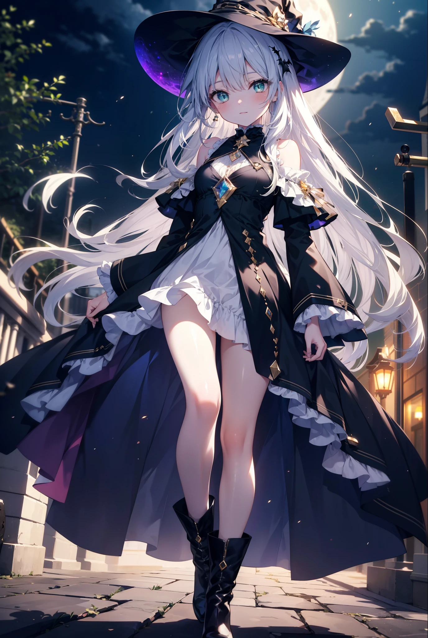 Prohibited bibliography,  green eyes, Silver Hair,  long hair,witch,  has , smile,blush, mouths,witch  has ,  dress,  Halloween,  Halloween costume,   jewelry,Long frill skirt, short boots, full moon,  whole bodyがイラストに入るように,                                                                   break looking at viewer,whole body,
break outdoors, forest,, 
break (masterpiece:1.2),  best quality ,  high resolution,  Unity 8K Wallpaper , (figure:0.8), ( precise and beautiful eyes:1.6),  very detailed face,  PERFECT LIGHTING ,  very precise CG, (perfect hand,  perfect anatomy),