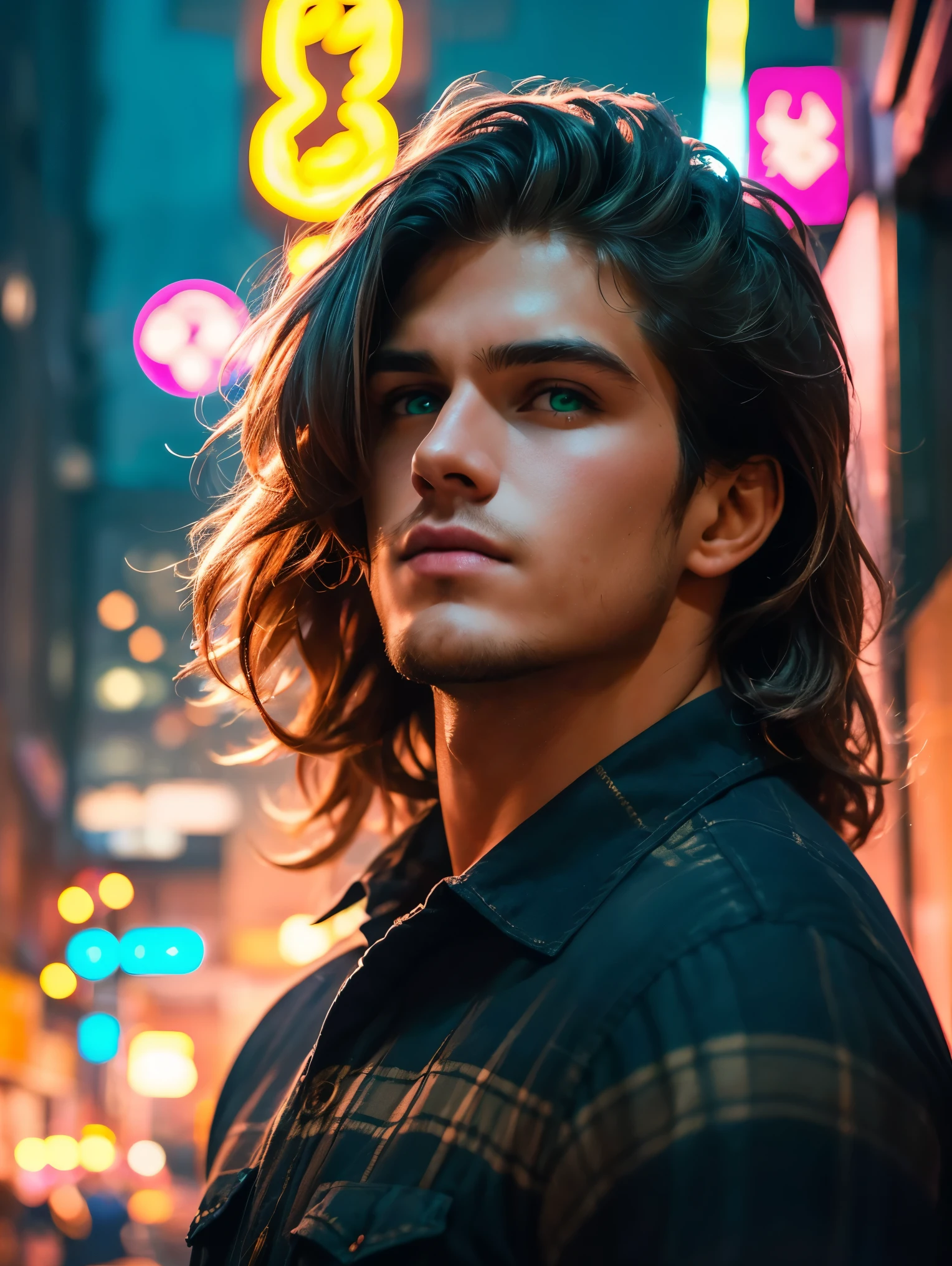 realistic, masterpiece, best quality, cinematic, dynamic lighting, soft shadow, highest detail, professional photography, detailed background, depth of field, insane details, intricate, aesthetic, detailed face, subsurface scattering, realistic hair, realistic eyes, 1boy, very muscular, Portrait photo of a handsome man wearing a plaid flannel shirt, white t-shirt, jeans, long brown hair, green eyes, (neon lights), sharp focus, futuristic city street, soft lighting, vibrant colors, cool smule
, facing camera, vibrant colors,
