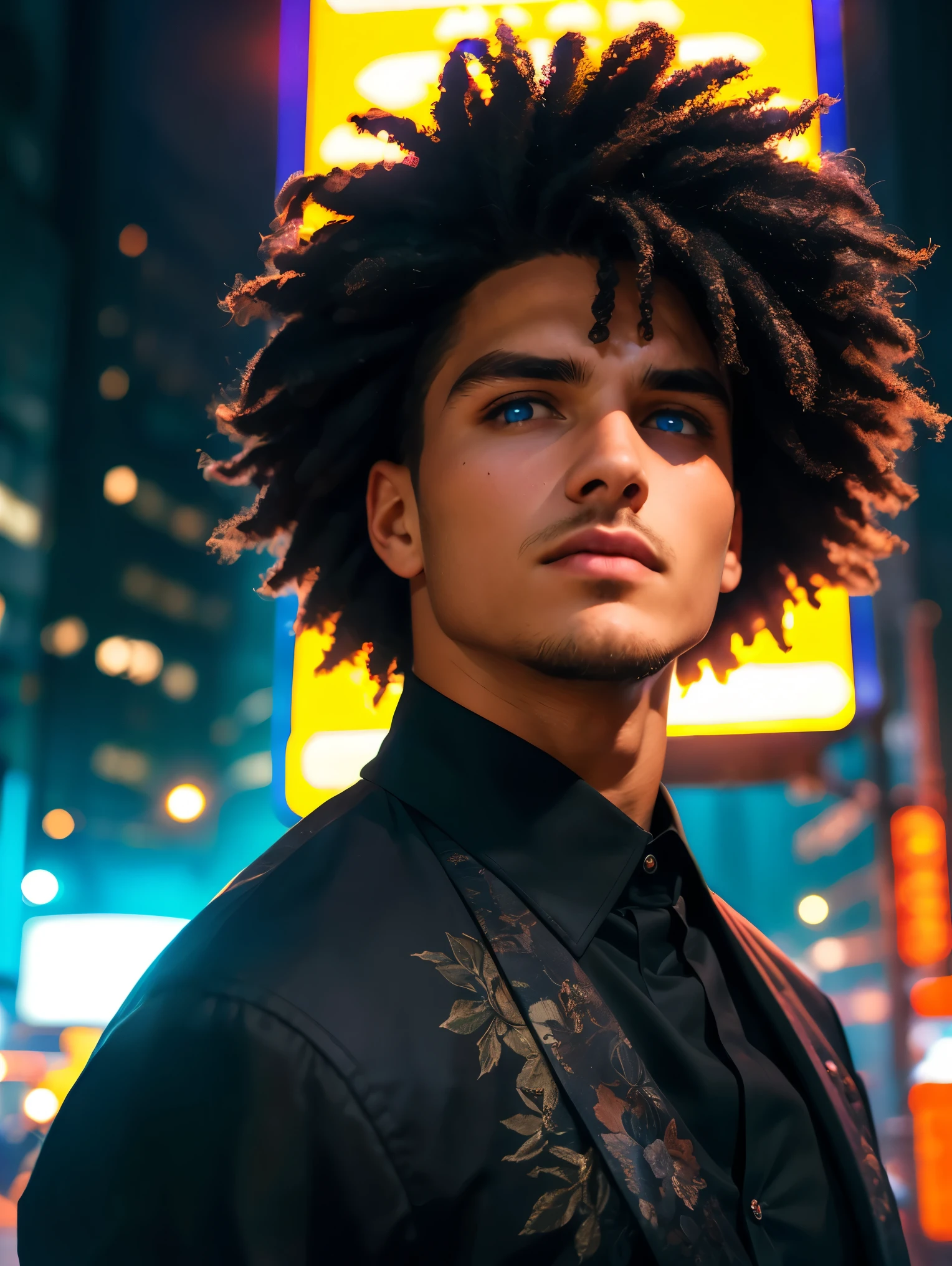 realistic, masterpiece, best quality, cinematic, dynamic lighting, soft shadow, highest detail, professional photography, detailed background, depth of field, insane details, intricate, aesthetic, detailed face, subsurface scattering, realistic hair, realistic eyes, 1boy, muscular, Portrait photo of a handsome black man wearing a black floral shirt, black pants, black afro hair, blue eyes, (neon lights), sharp focus, futuristic city street, soft lighting, vibrant colors, cool smule
, facing camera, vibrant colors,