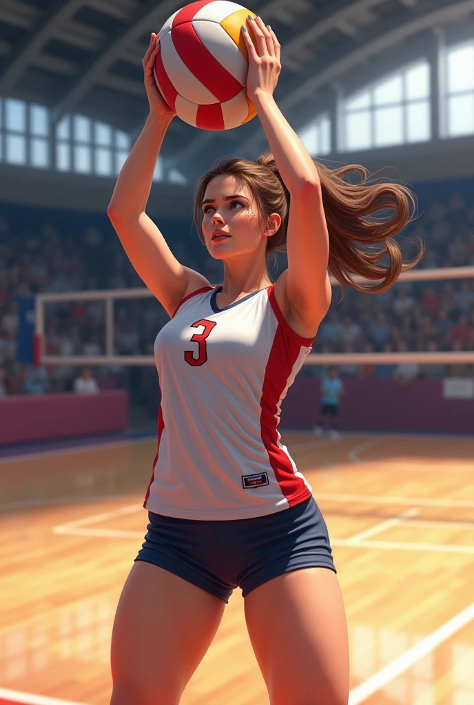 Solo, Full body, (masutepiece, of the highest quality, Highest Quality, Official art, beautiful aesthetic: 1.2), (1 girl: 1.3), Long hair, Supreme Detail, Volleyball uniform,small head,Large breasts,nice legs,Wet skin,Sweat,At the volleyball venue,From Side
