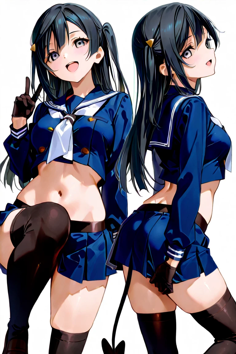 A beautiful woman with shoulder-length black hair, big breasts, beautiful legs, and a sharp face is wearing a sailor uniform with a white miniskirt, showing light blue and blue striped panties, and confronts a middle-aged man in a suit on the bus. standing with。