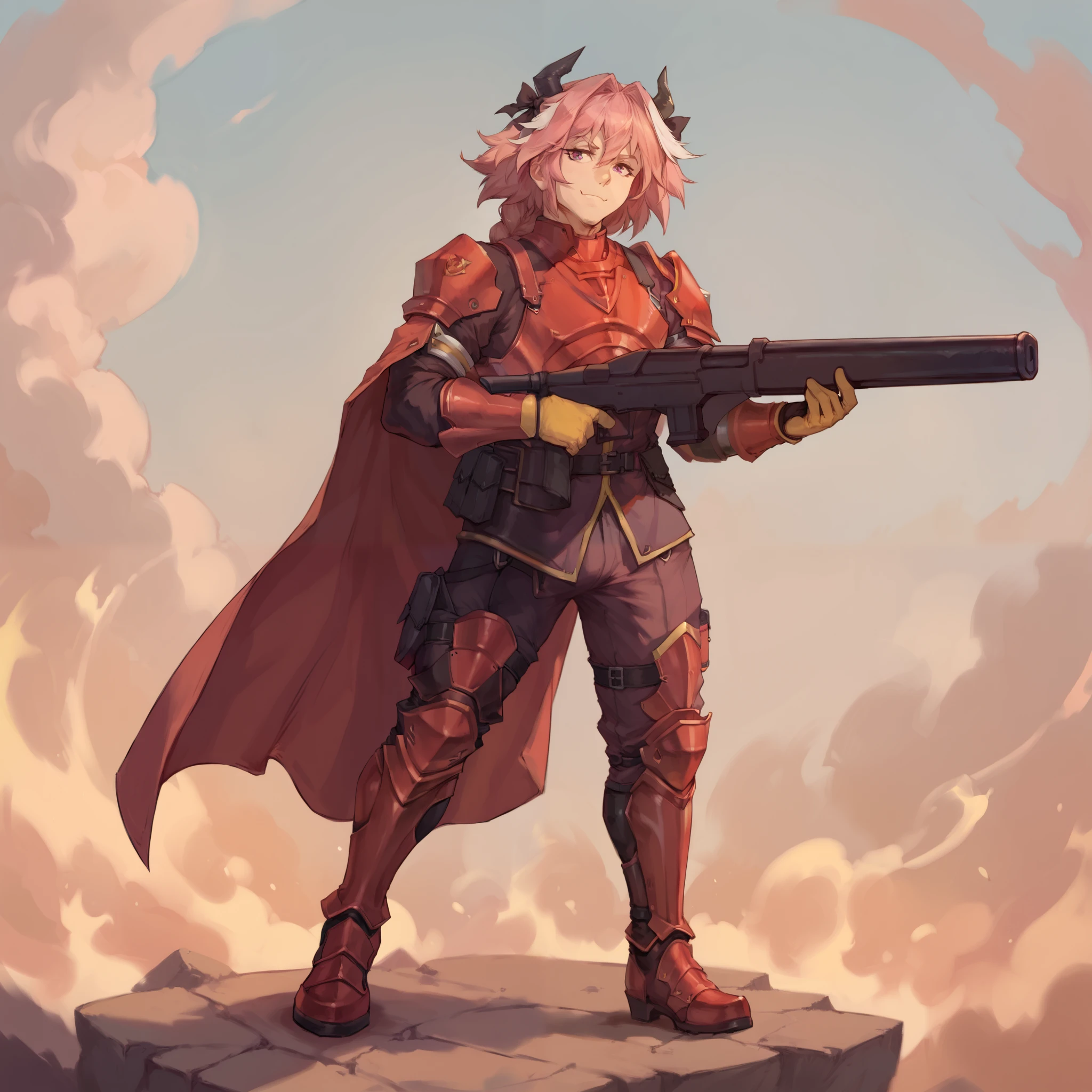 1 boy Astolfo wearing helldiver armor chest, wearing helldiver armored gloves, wearing helldiver armored boots, has his cock out, lewd, sexual, solo, alone, (SOLO)(ALONE) wearing cape, full body, holding rifle, not wearing pants, has his cock out
