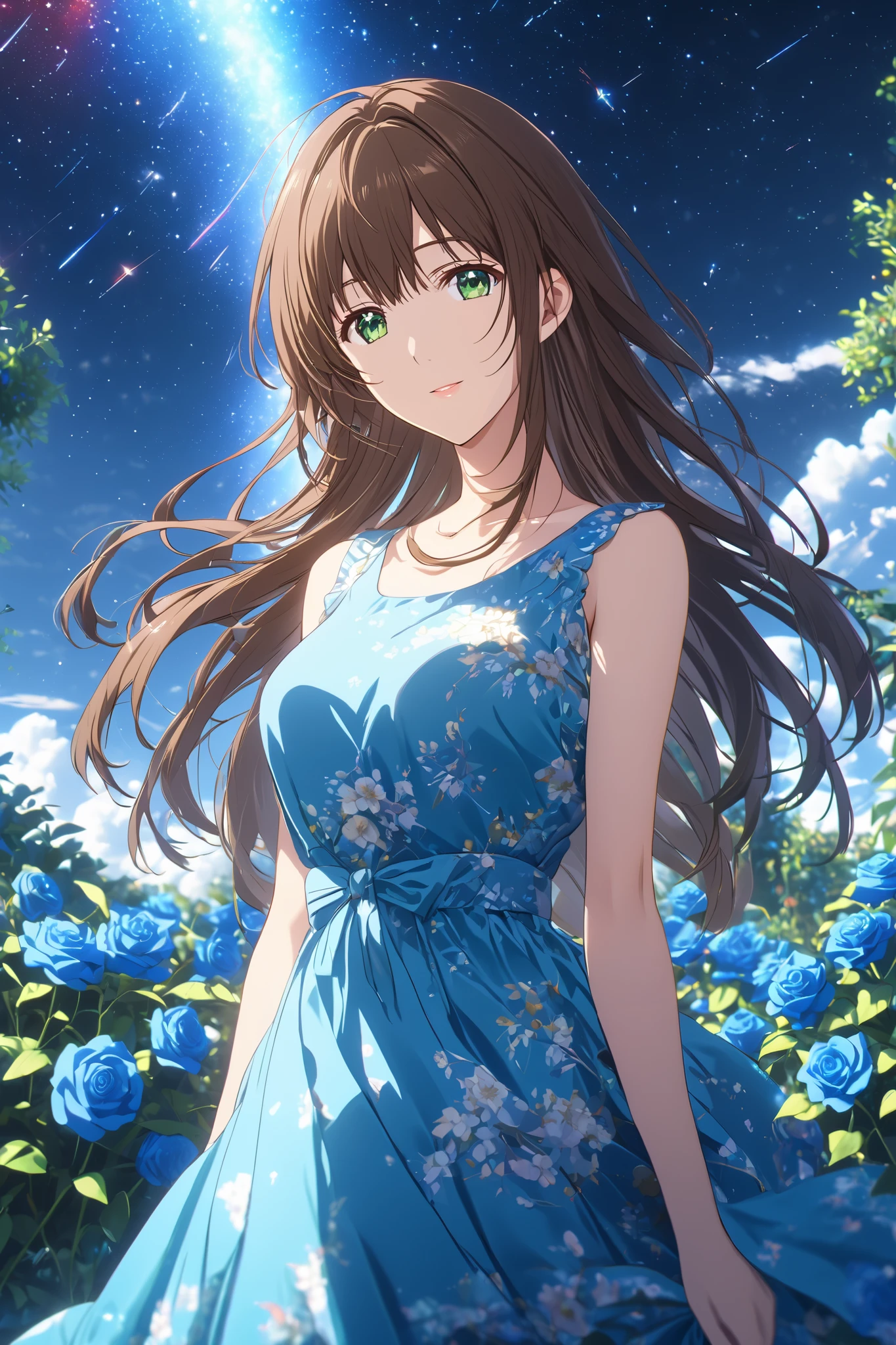 (Masterpiece:1.2), Ultra High Quality, 8k, Highest quality, Ultra-high resolution, Maximum resolution, Very detailed, Dynamic Lighting, Highly detailed eye, Highly detailed face, (looking at viewer), (front view), break, 1girl, solo, Hina Tachibana, long hair, brown hair, green eyes, (blue silk summer dress), long dress, sleeveless, collarbone, shoulders, ((huge breast:0.9)), (pleasure:1.2), (((poising:1.1))), smiling, (wind), break, (background garden), night, (shooting stars), Space galaxy sky, (Great composition, Epic scale), Dynamic Lighting, Bright colors, (Blue roses), drop shadow, anaglyph, stereogram, tachi-e, anime style, chromatic aberration, cinematic lighting, reflection light, 8K, super detail, best quality, uhd, high details, textured skin
