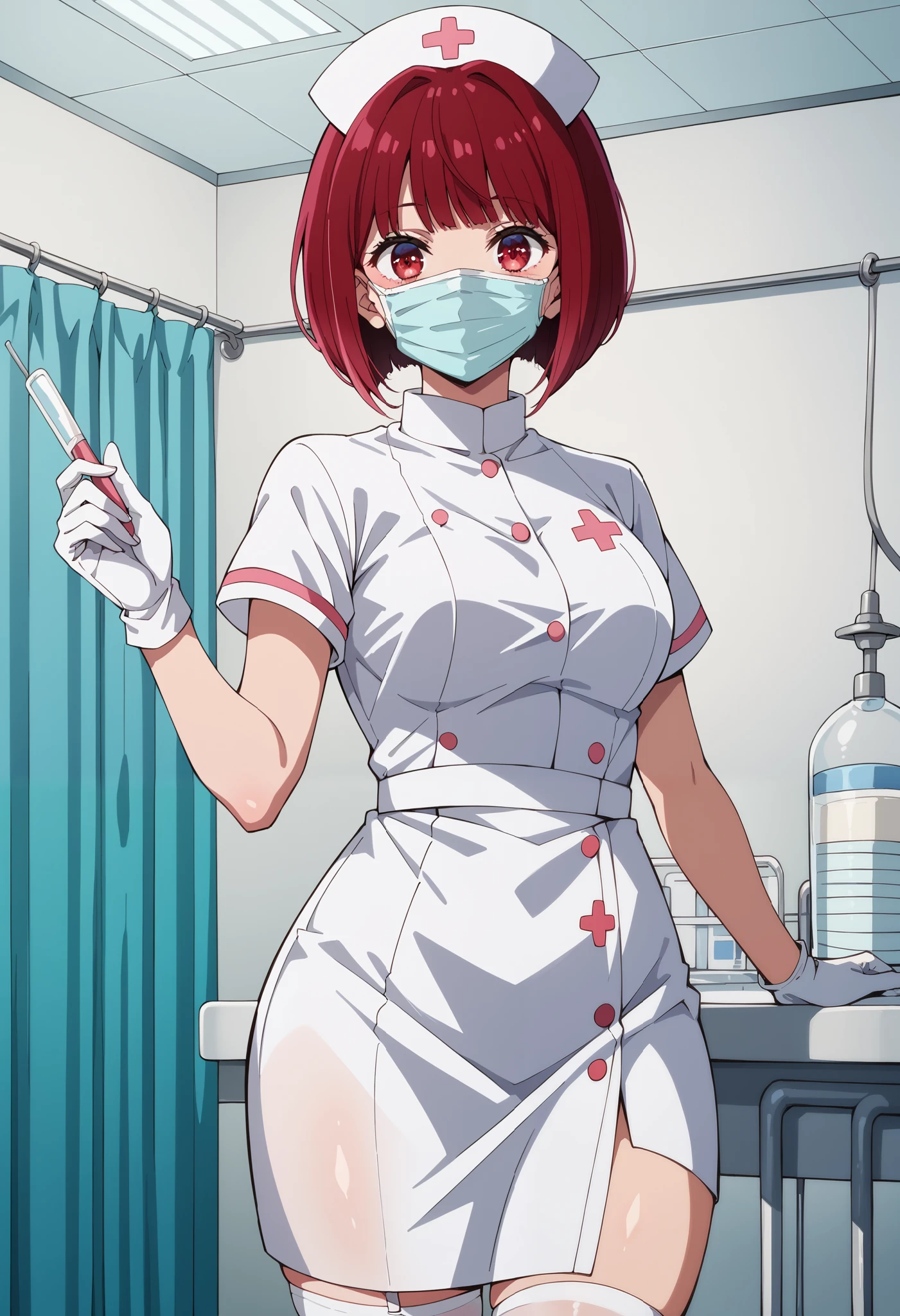 Score_9, score_8_up, score_7_up, source_anime, kana arima, short hair, bangs, red eyes, red hair, bob cut, (best quality), (high quality), {masterpiece}, extremely delicate and beautiful, ultra-detailed, beautiful detailed eyes, nurse, nurse hat, ((white nurse's outfit)), white gloves, white legwear, zettai ryouiki, hospital room, ((white surgical mask, covered nose)), standing