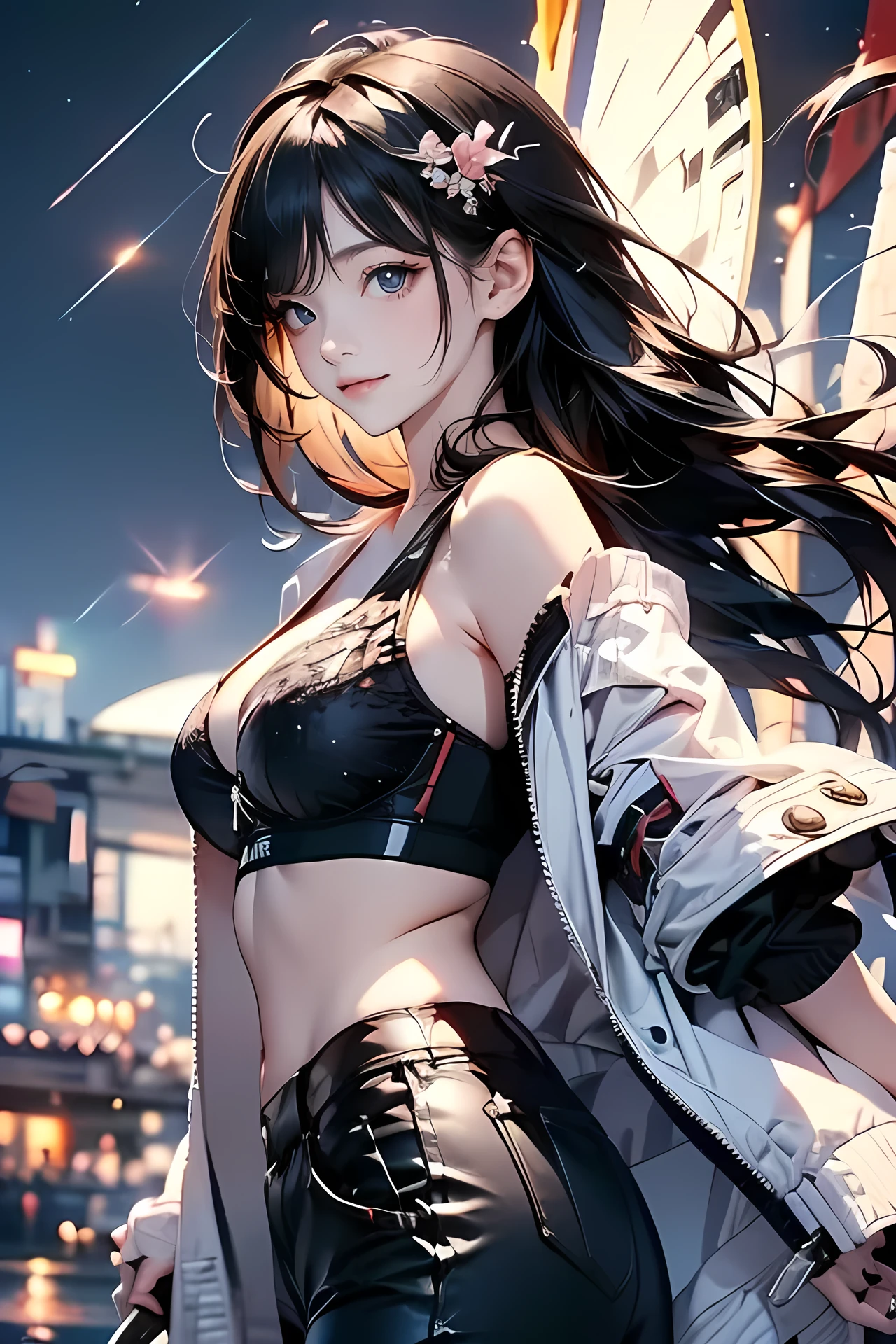 (Masterpiece), ( best quality ), ( tall Highly detailed ),(shape), (One Girl), ((smile))、( fashionable clothes), standing, fashion model , View your viewers, (Interview), (simple background), beautiful details, gentle and beautiful face ,(High saturation),(Colorful Splashes ),(Shining), focus on face, black hair, bangs, hair ring, Floating Flower, (Shining), best lighting, Best Shadow, cyberpunk、Blurred Background , dynamic composition、((Warrior)),(Ready your sword)