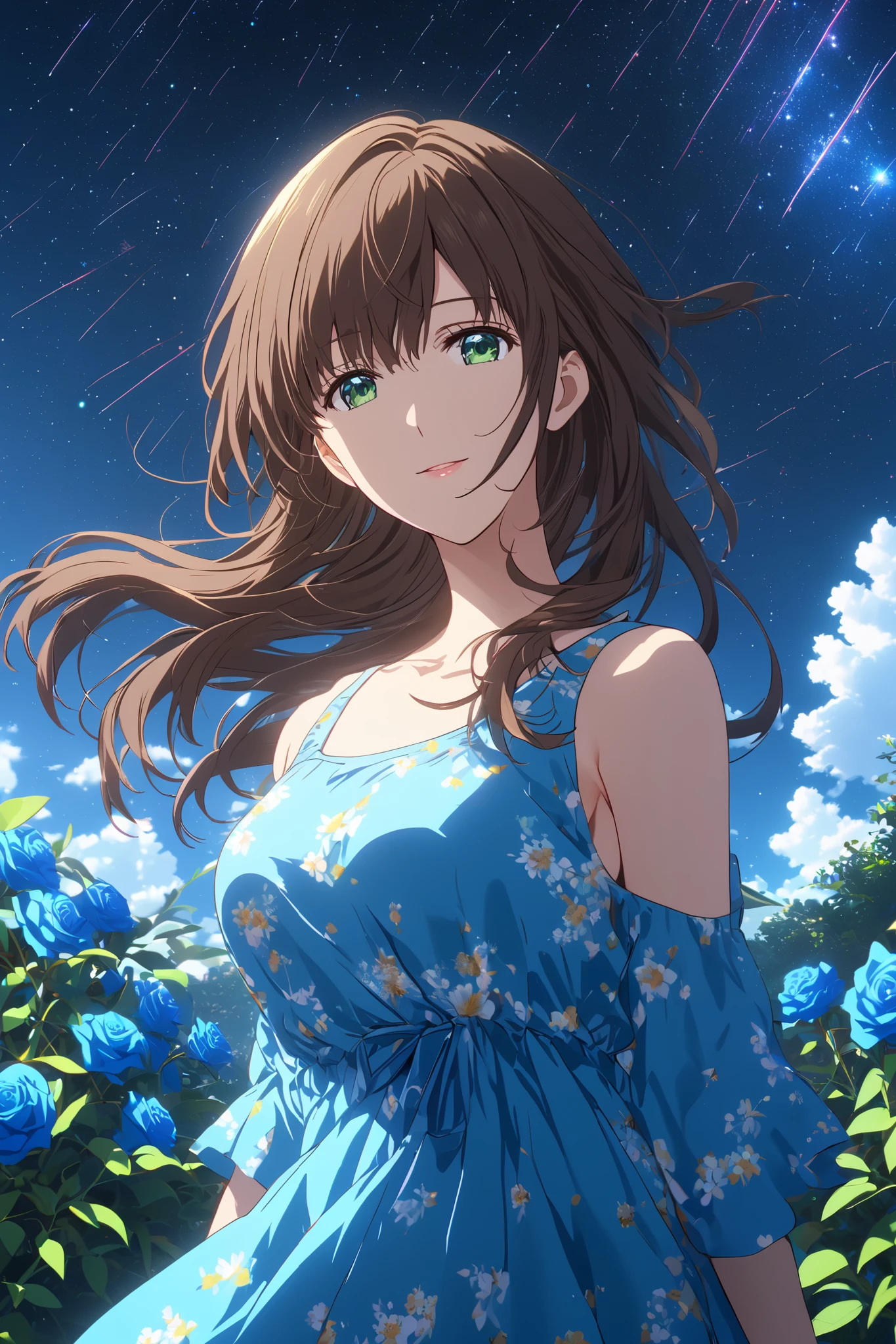 (Masterpiece:1.2), Ultra High Quality, 8k, Highest quality, Ultra-high resolution, Maximum resolution, Very detailed, Dynamic Lighting, Highly detailed eye, Highly detailed face, (looking at viewer), (front view), break, 1girl, solo, Hina Tachibana, long hair, brown hair, green eyes, (blue silk summer dress), long dress, sleeveless, collarbone, shoulders, ((huge breast:0.9)), (pleasure:1.2), (((poising:1.1))), smiling, (wind), break, (background garden), night, (shooting stars), Space galaxy sky, (Great composition, Epic scale), Dynamic Lighting, Bright colors, (Blue roses), drop shadow, anaglyph, stereogram, tachi-e, anime style, chromatic aberration, cinematic lighting, reflection light, 8K, super detail, best quality, uhd, high details, textured skin