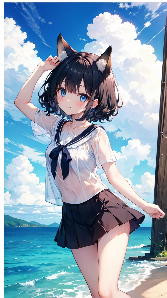 1young_teen_ girl, loli, brown_hair, medium_bob_hair, blue_midriff_baring_sailor_uniform, mini_skirt, short_sleeve, thighs, big_, angry, smile, open_mouth, standing, harbor_background, slightly_spread_legs, happy, NSFW, short_gloves, wet,transparent,covered_nipples, covered_crotch,