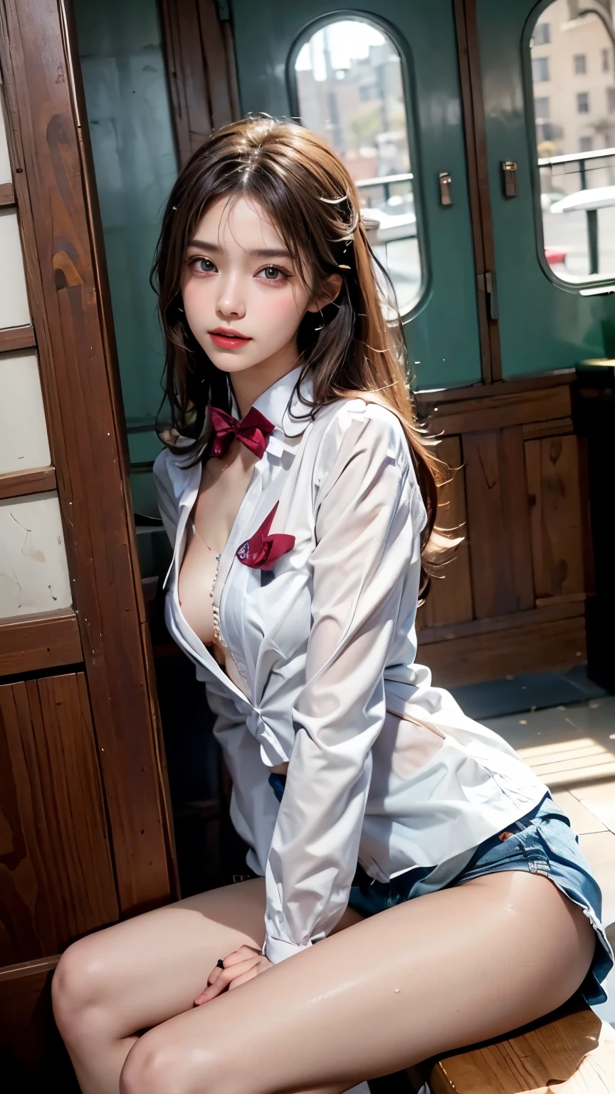 ((masutepiece:1.4), (of the highest quality:1.4), (Realistic:1.7), By Luis Royo, Beautiful Girl, Super beautiful girl, ((1girl in:1. 4), Shiny natural skin texture, Authors: By Luis Royo, 19 years old, (Cute tattoos:1. 4), (Two arms: 1.4, Two legs: 1.4), (Perfect female body: 1.4), (Perfect female body: 1.) 4), Portrait photo of a girl, Close-up photos, Upper body photo, Fantasy Art, Soft front light, Beautiful expression, Kawaii face, Beautiful breasts, Large Full Breasted: 1. 2, Beautiful buttocks, Fine eyes, Clear and eye-catching, beautiful and alluring, Beautiful eyes, thin waist, Raw photo, Red lips, Long hair (High school girl in uniform), (white suit jacket), (Translucent shirt), (Red bow tie) (checked skirt) 1 Screen View, (Woman standing in front of train door), (sexyposture), (the milky way in the sky), (No bra), (White lace panties visible),, (Skirt soars in the wind)),((up skirt))
