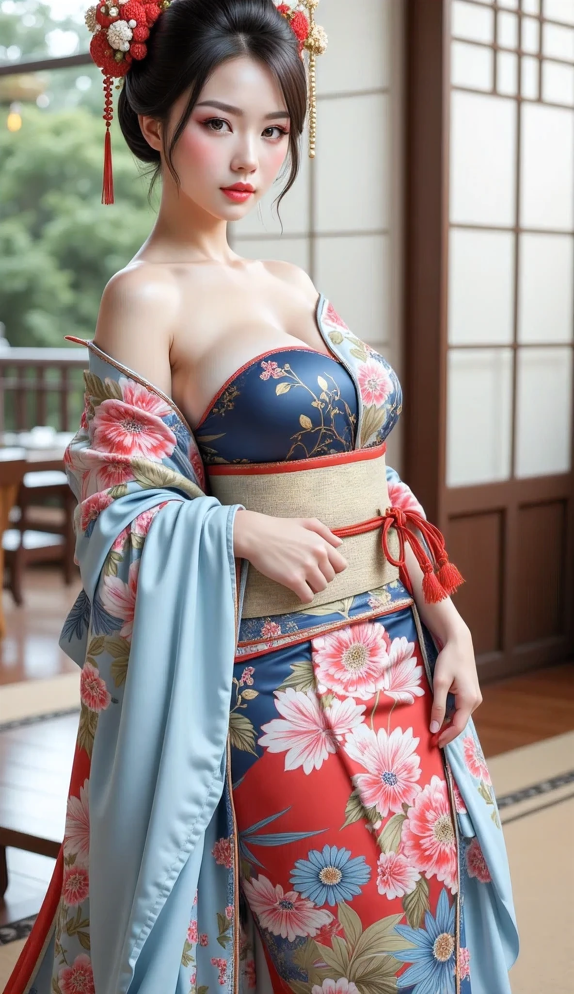 ((masterpiece(:1.4),Highest quality,Ultra-high resolution,Highest quality,8k,Extremely detailed,In detail))。night,Japanese,(A beautiful woman),glossy,slim,Large Breasts(1.6),sexy,glamorous,Golden Ratio Style,Perfect Style,whitening,Flashy gal makeup,Red light district,Bedroom,Oiran,Prostitute,Sunny day outfit,Uchikake,Gold brocade,((A gorgeous kimono)),A cutting board belt tied in front,Hair tying,hairpin,hair ornaments,Gorgeous costumes,Beautiful standing posture,Presence,Exude sex appeal,