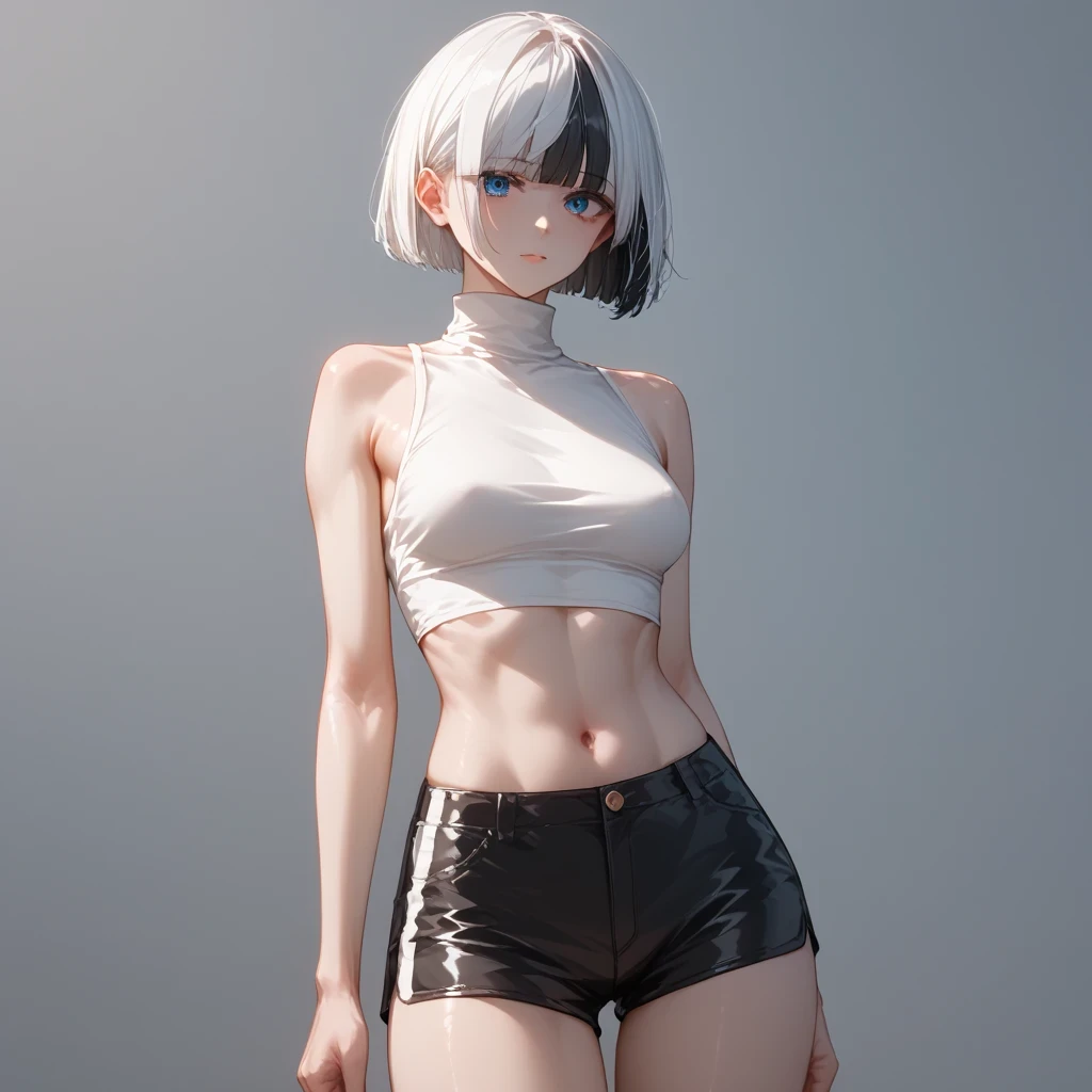 <lora:Ataru:0.65>, Ataru, 1girl, yellow eyes, heterochromia, glowing, solo, pale skin, short hair, single horn, horns, navel, breasts, white background, simple background, long hair, jacket, grey hair, open mouth, medium breasts, seductive smile, tight bikini, public bath, presenting vagina, (((3d, cgi)))