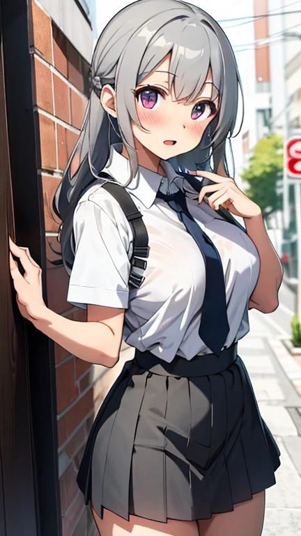 illustratio、(top-quality)、(((masterpiece)))、(Hi-Res)、Original、(1womanl)、A sexy、Thick、Big body、silber hair,police,outside of house,(Cuffed),Forward leaning position,Pisel skirt