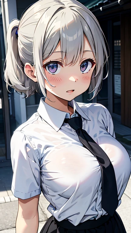 night、In front of the vending machine、Put your back against a vending machine、High school girl exposing her big breasts、Soft Breasts、paizuri,Heavy breathing、
