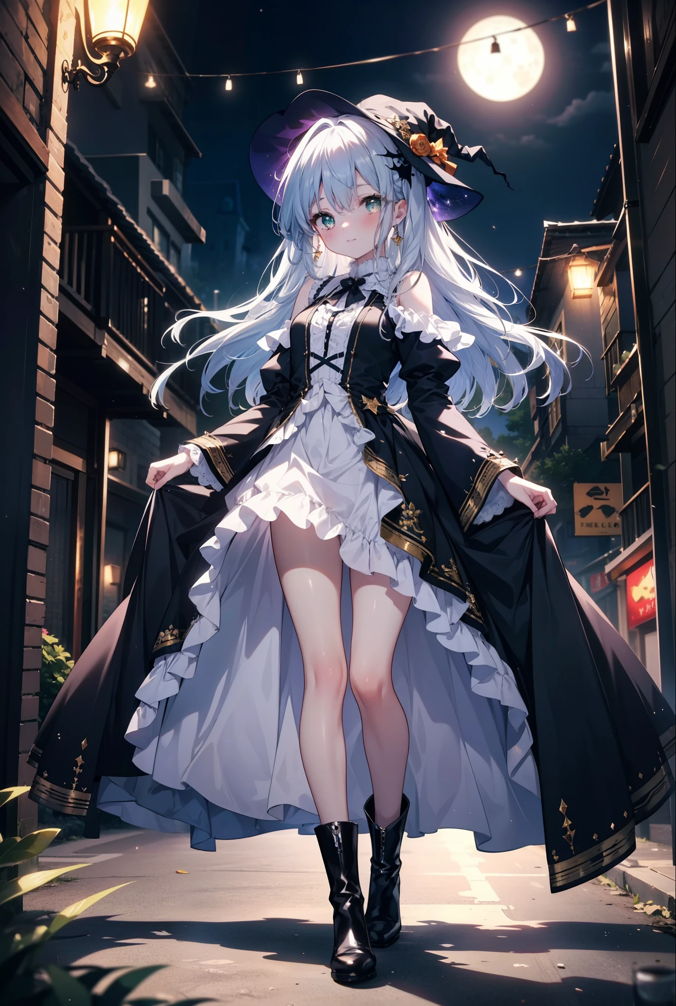 Prohibited bibliography, green eyes, Silver Hair, long hair,witch, has , smile,blush, mouths,witch has , dress, Halloween, Halloween costume, jewelry,Long frill skirt, short boots, full moon, whole bodyがイラストに入るように, break looking at viewer,whole body,
break outdoors, forest,,
break (masterpiece:1.2), best quality , high resolution, Unity 8K Wallpaper , (figure:0.8), ( precise and beautiful eyes:1.6), very detailed face, PERFECT LIGHTING , very precise CG, (perfect hand, perfect anatomy),