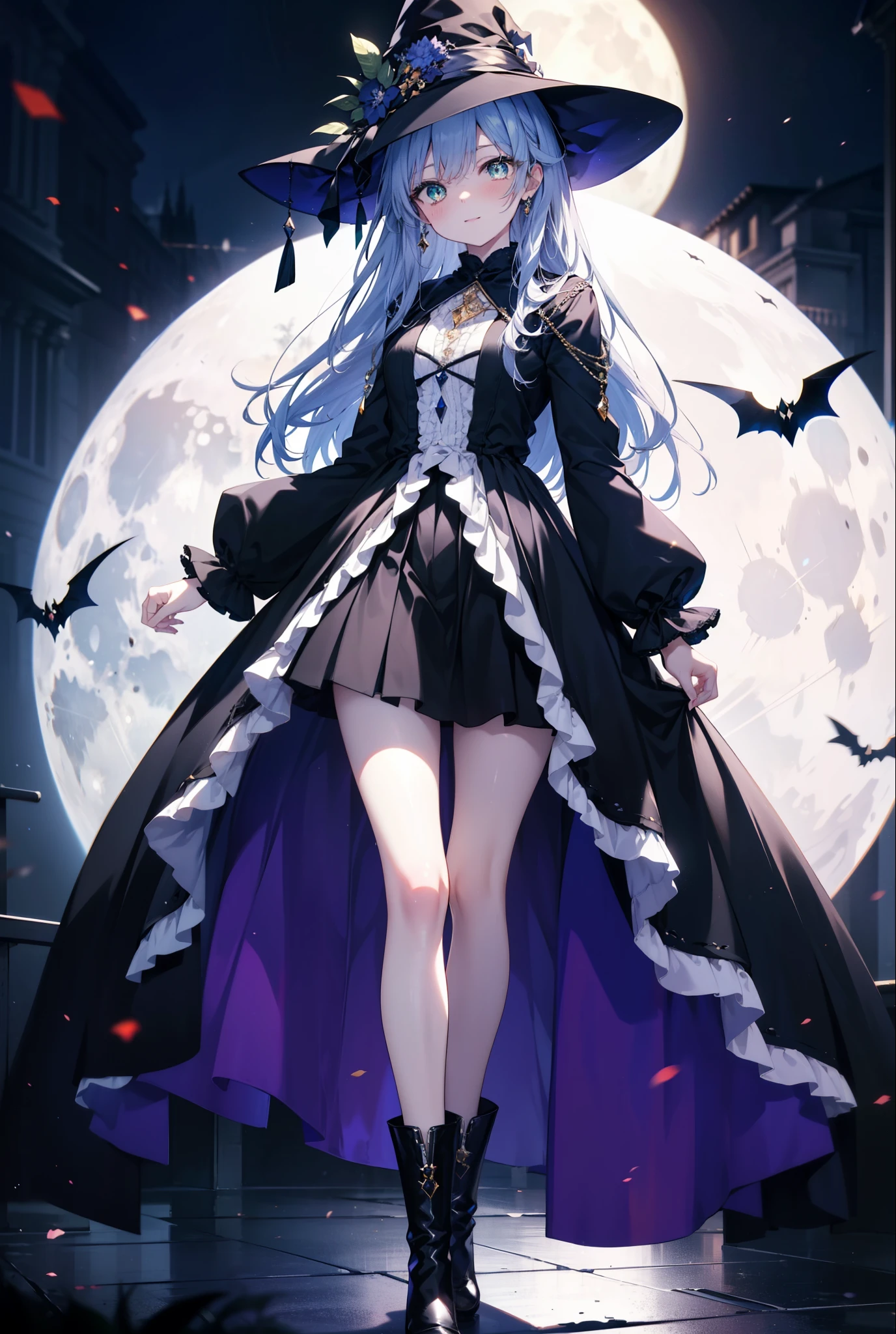 Prohibited bibliography, green eyes, Silver Hair, long hair,witch, has , smile,blush, mouths,witch has , dress, Halloween, Halloween costume, jewelry,Long frill skirt, short boots, full moon, whole bodyがイラストに入るように, break looking at viewer,whole body,
break outdoors, forest,,
break (masterpiece:1.2), best quality , high resolution, Unity 8K Wallpaper , (figure:0.8), ( precise and beautiful eyes:1.6), very detailed face, PERFECT LIGHTING , very precise CG, (perfect hand, perfect anatomy),
