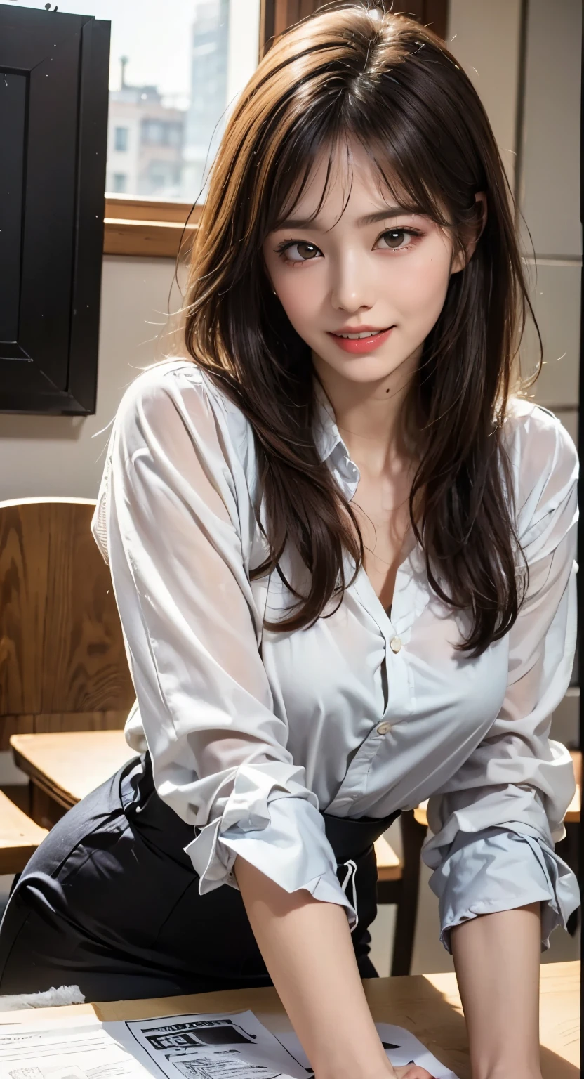 (8K、nffsw、Hi-Res)、((((a picture、Raw photography、Hyper-Realism、​masterpiece、top-quality、超A high resolution))))、(Pin Light、Back lighting、Back lighting、ciinematic light)、sharp focus:1。4、(Hyper-detailing、finedetail)、cowboy  shot、 1girl in、Egg-shaped face、Big, Beautiful eyes like a cat、small and slightly plump lips,,,,,、thick eyebrow、long and beautiful eyelashes。Transparent throughout makeup、There  a pink touch and sparkling lip gloss on the cheeks。Hairstyle  dark brown medium hair with wavy waves。Random and sexy poses,Random situations、large full breasts、cleavage of the breast、A smile、bokeh feeling、25-years old、(Drooping eyes 1.5)、 beauty、natural、japanes、(((Wearing a white shirt and black mall piercings、((Sit on the sofa in the president's office:1.3)), (In an office in a high-rise building:1.3),  ((Focus on Face:1.2)), (Cowboy Shot:1.2),