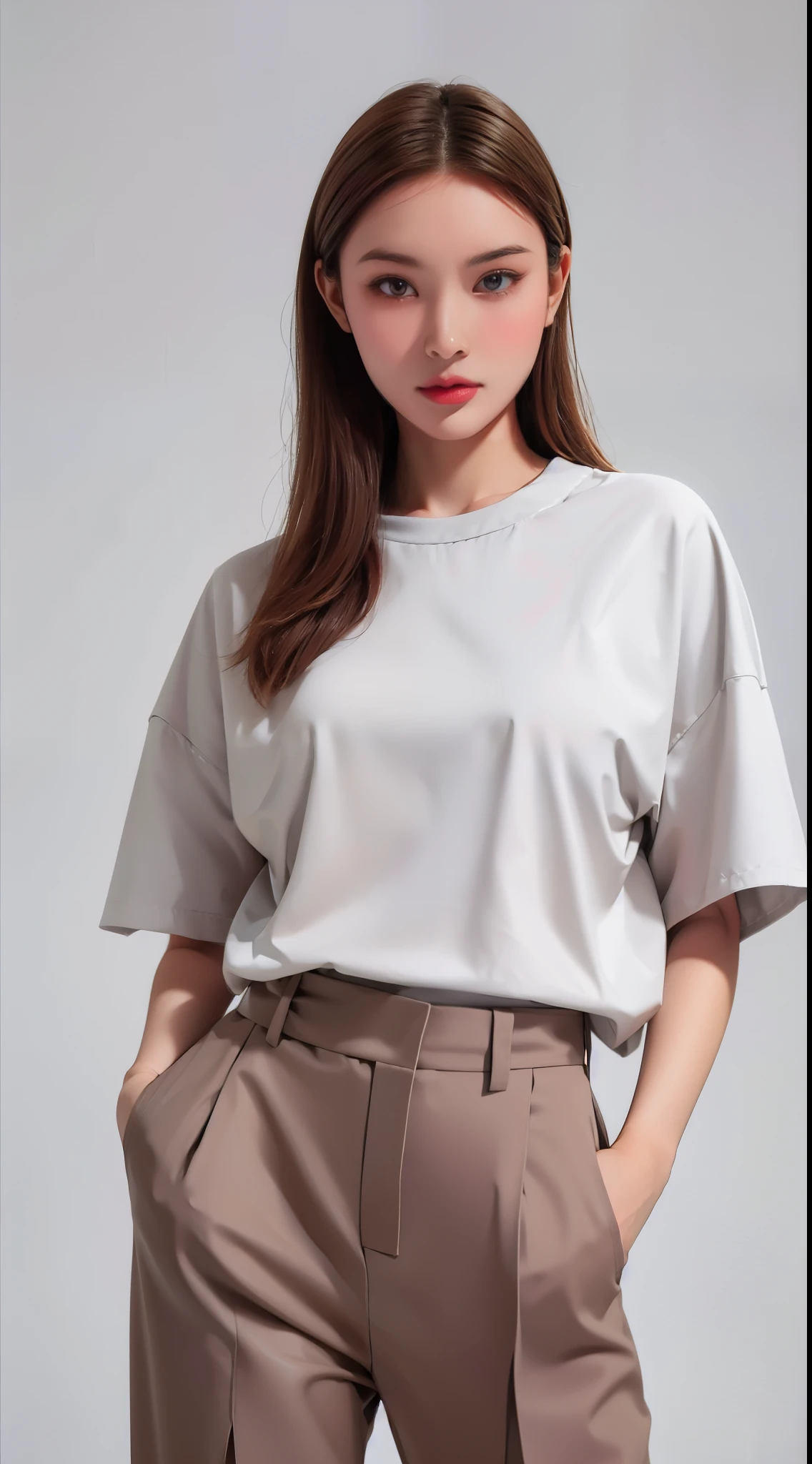 masterpiece, best quality,standing, black hair bun,cold face, full body, jacket, white T-shirt, casual pants, (Fashionable clothing), happy, light effect, soft, super clear, high-definition picture, (front)