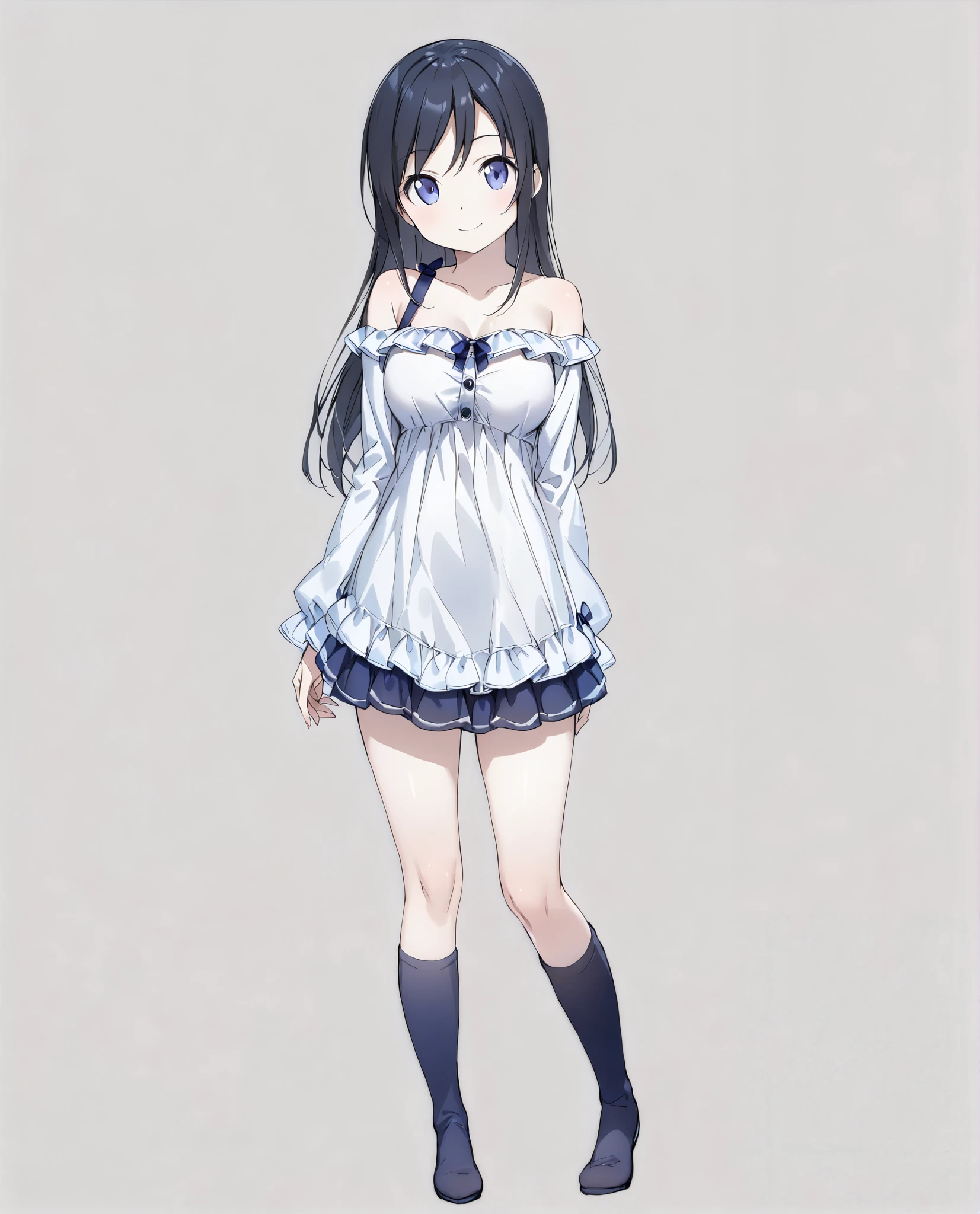 ( 1 Girl),(alone),

Masterpiece、  High Quality  、  high resolution、
Gray background、
(  head to toe:1.5、 full body view:1.5)、In the center:1.2、

Ayase Aragaki,  long hair, blue eyes,  black hair, 

(  very beautiful :0.9)、(  So cute :0.9)、
(Round face)、(Brighten Your Face:0.7)、(Very detailed face)、(Round face)、
(  Detailsed face:0.7)、(high nose:1.0)、(smile)、
Round Breasts、

 Thin legs 、  Slim Body、  perfect five fingers 、
( white skin)、  smooth skin 、 

break
( White Off Shoulder Top with Ruffle Sleeves )、
(  Details)、
 dark blue miniskirt 、Blue knee-high socks 、
White pumps、
 Detailed clothing、

  bright color、Delicate fabric、

 viewers, 

Slight Body ,
 medium boobs ,
 petite height,

(alone Focus:1.0),
( standing:1.5),
( seductive pose:0.2),

(  full body shot :1.5), 
( from the front (0).7),

( no background),