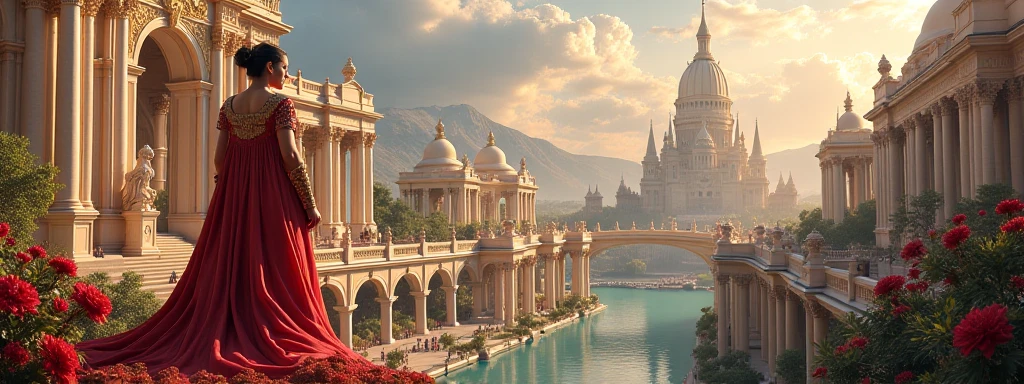 Realistic drawing 8k perfect master piece 1:30 Draw the Hanging Gardens of Babylon as a Roman and European Rococo city. I want rivers to flow through canals, I want a flower bed and a large palace similar to the Palace of Versailles. I want vertical flowers hanging in Victorian houses and various Roman buildings decorated with bouquets of flowers and waterfalls of water.. I want colorful trees and streets with people. I want a statue of a naked king holding a sword with a crown of flowers..
I want a big pink tree in the background. I want a white steam train releasing colored smoke passing through the city.