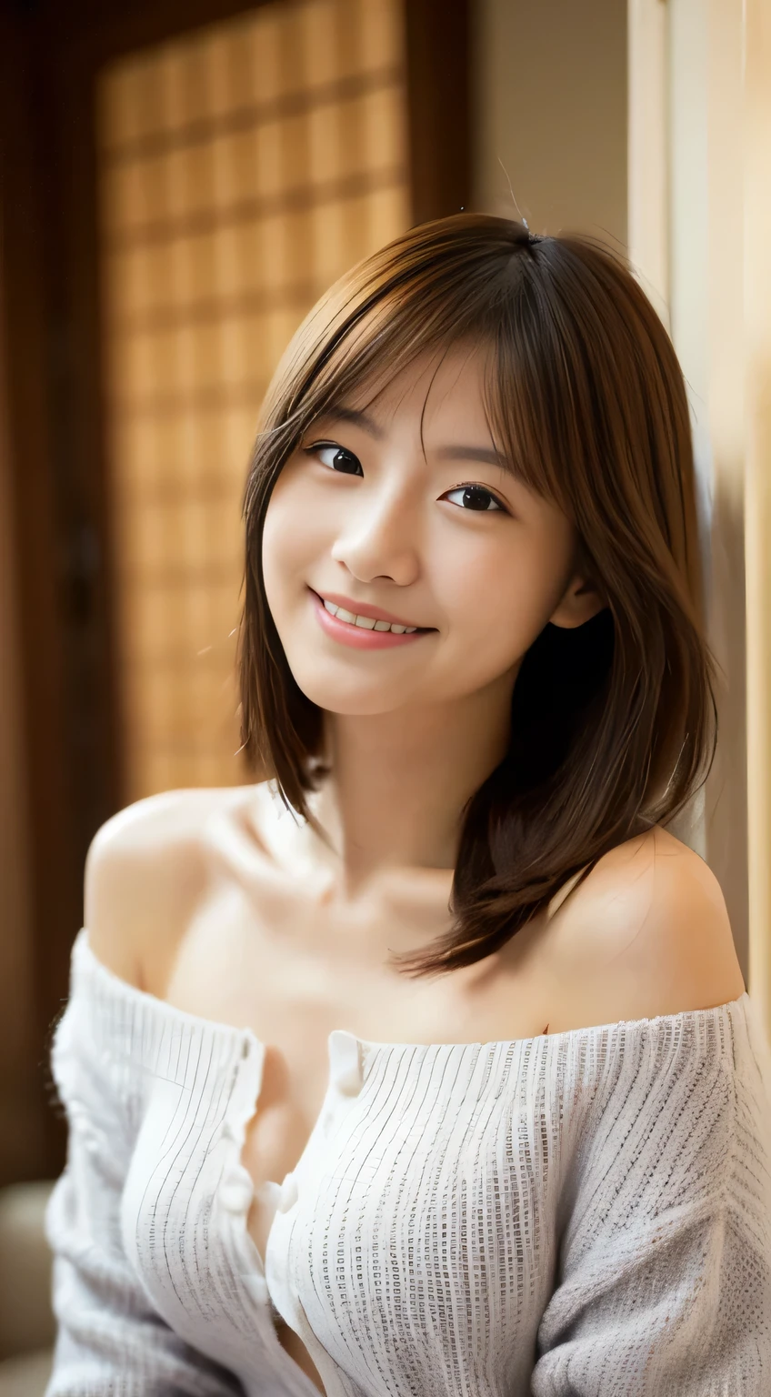 masterpiece,best quality,(Japanese ),((Beautiful girl)),cleavage,indoor,(perfect body beauty:1.2),(shy smile),beautiful teeth,