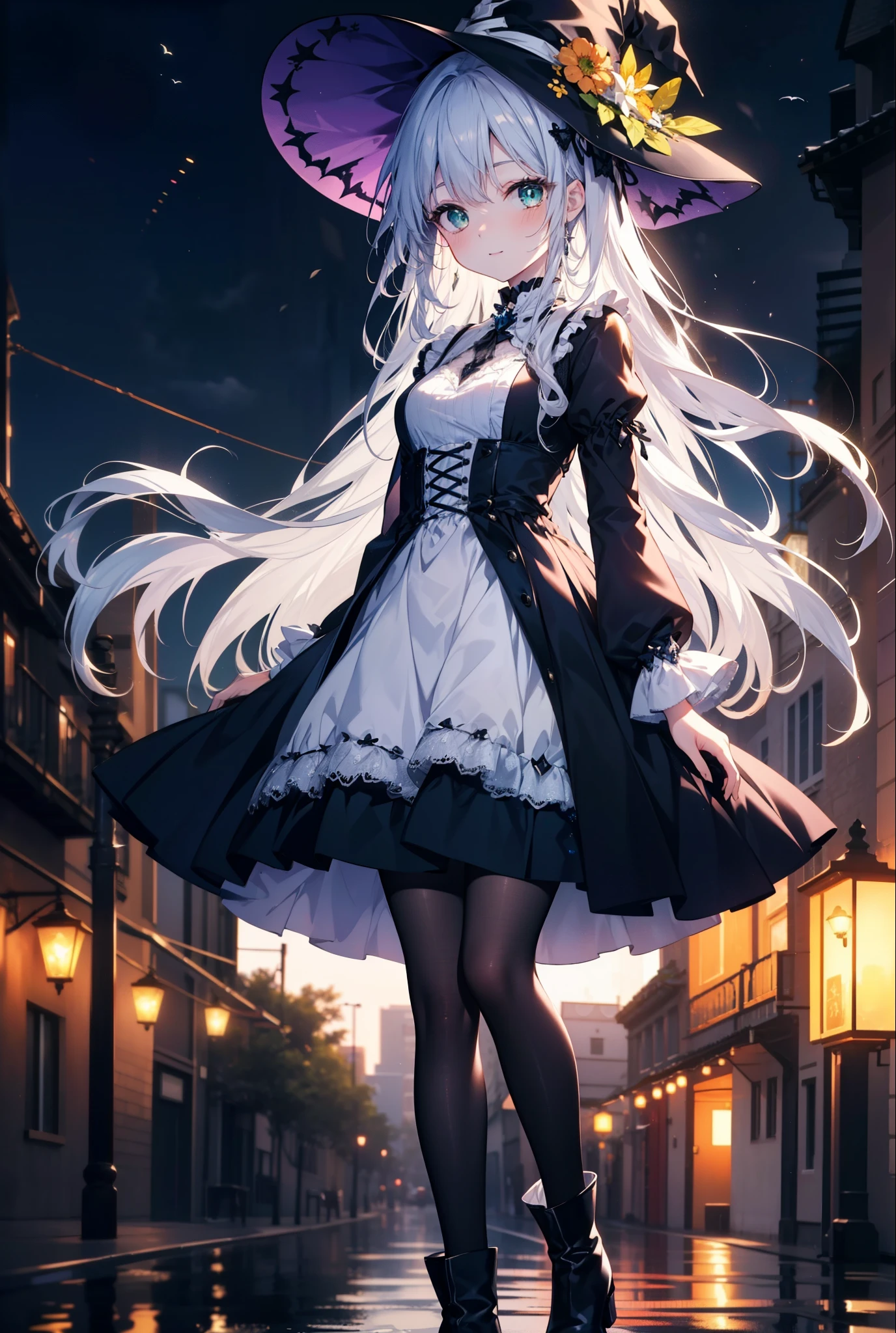 Prohibited bibliography, green eyes, Silver Hair, long hair,witch, has , smile,blush, mouths,witch has , dress, Halloween, Halloween costume, jewelry,Long frill skirt, short boots, full moon, whole bodyがイラストに入るように, break looking at viewer,whole body,
break outdoors, forest,,
break (masterpiece:1.2), best quality , high resolution, Unity 8K Wallpaper , (figure:0.8), ( precise and beautiful eyes:1.6), very detailed face, PERFECT LIGHTING , very precise CG, (perfect hand, perfect anatomy),