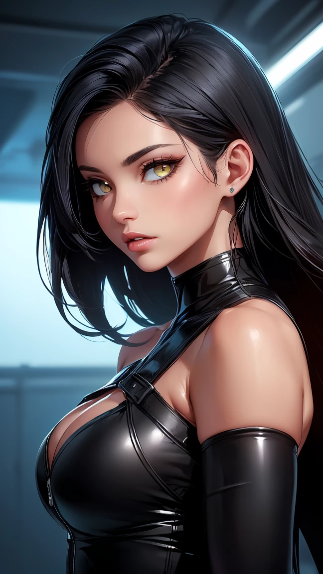 Woman, 30 years, hot, Tight black dress, high-heeled boots, leather jacket, gold accessories, vibrant, dark blue hair, amber eyes, makeup, red lips, high detail, cinematic lighting, close-up, caustics, masterpiece, textured skin, super detail, high quality
