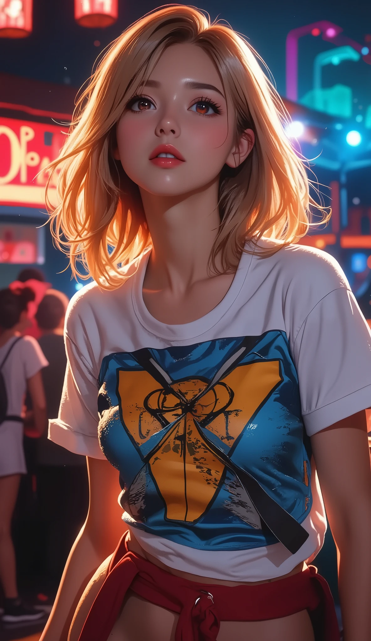 コミックブック style, Joe Madureira styleの線画, Very Attractive Girl , woman, X-MENのTシャツを着たwoman, American Heritage , Blonde, bright red eyes, Proud look, standing in a nightclub and singing, style, Nbinkupunk, Dusky Pie