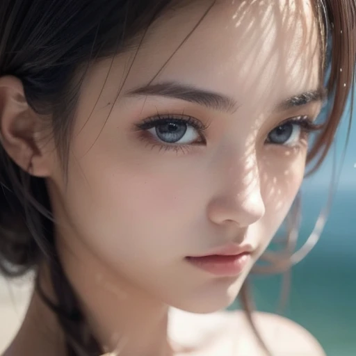 best quality, ultra hi res, photoreaslistic, a photography of a beautiful woman, 30yo teen age, detailed face, black Messy fishtail braid, (detailed porcelain doll,delicate clothes with a lot of frills and ribbons), Beach, (face close up), seductive look, looking at viewer