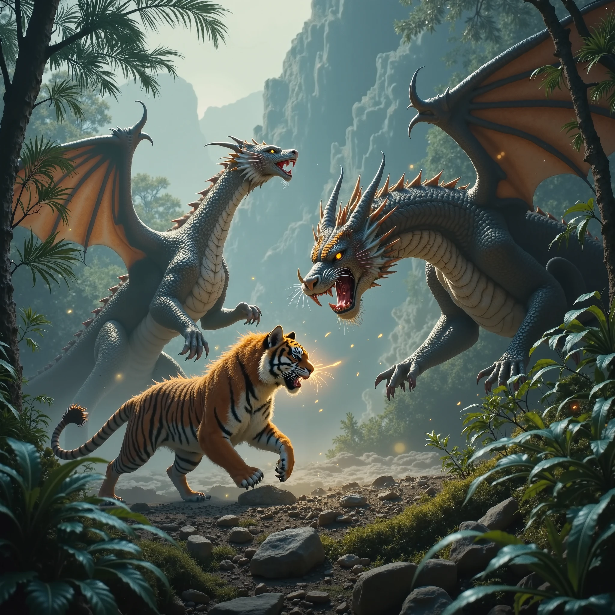A 2d tiger with black, red and white colors, fighting a 2d hydra which is a giant flying dragon with 4 completely green heads. In a war scenario with cold colors.