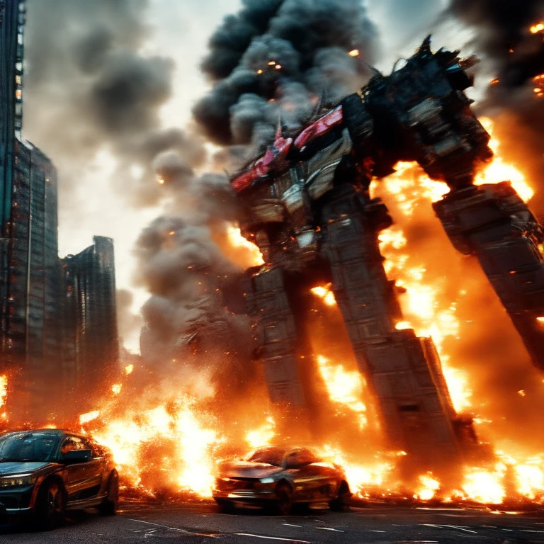 Giant Robot in the City, Giant robots , A row of skyscrapers, Metropolis ,( giant robots are destroying buildings in the city), big fire, explosion,  helicopter 