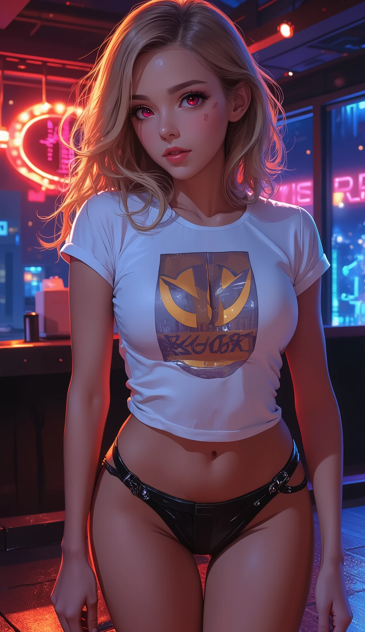 コミックブック style, Joe Madureira styleの線画, Very Attractive Girl , woman, Big Breasts, deep cleavage , sexy long legs, X-MENのTシャツを着たwoman, American Heritage , Blonde, bright red eyes, Proud look, standing in a nightclub and singing, style, Nbinkupunk, Dusky Pie