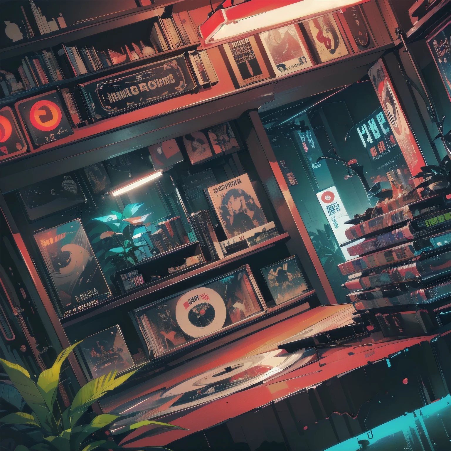 Extreme Quality , Masterpiece, 8k, fisheye lenses , intricate detail in wet water, (((unmanned))), space, movie poster, (((Record store))), nostalgia, panorama, Long Hit, ((( records on the shelf.))), ((( Different angles ))),Futuristic interior , (((neon))), (((plant))), ((Black)))、((( cyberpunk、cool)))