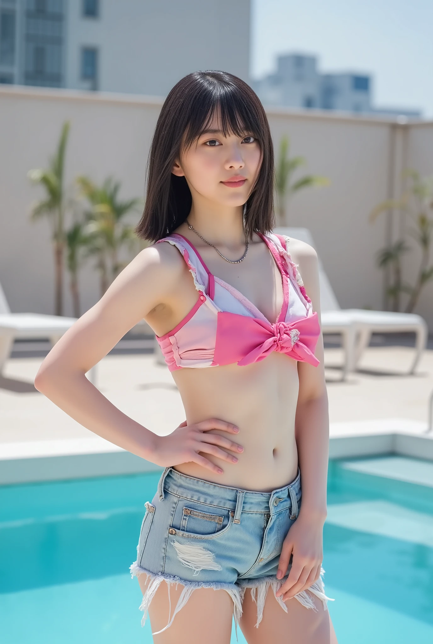Beautiful young woman with medium hair standing by the pool with one hand on her hip. ((Cherry pink bikini top and distressed denim shorts, full body shot))), Highly detailed face, Beautifully detailed eyes, Beautifully detailed lips, Double eyelids, Slim figure, Medium length hair (Best Quality, 4k, 8k, High Resolution, Masterpiece: 1.2), Ultra Detailed, (Realistic, Photorealistic, Photorealistic: 1.37), High Resolution, Ultra High Resolution, Studio Lighting, Extreme Details, Sharp Focus, Physically Based Rendering, Extreme Details, Professional, Vivid Colors, Bokeh, Photography
