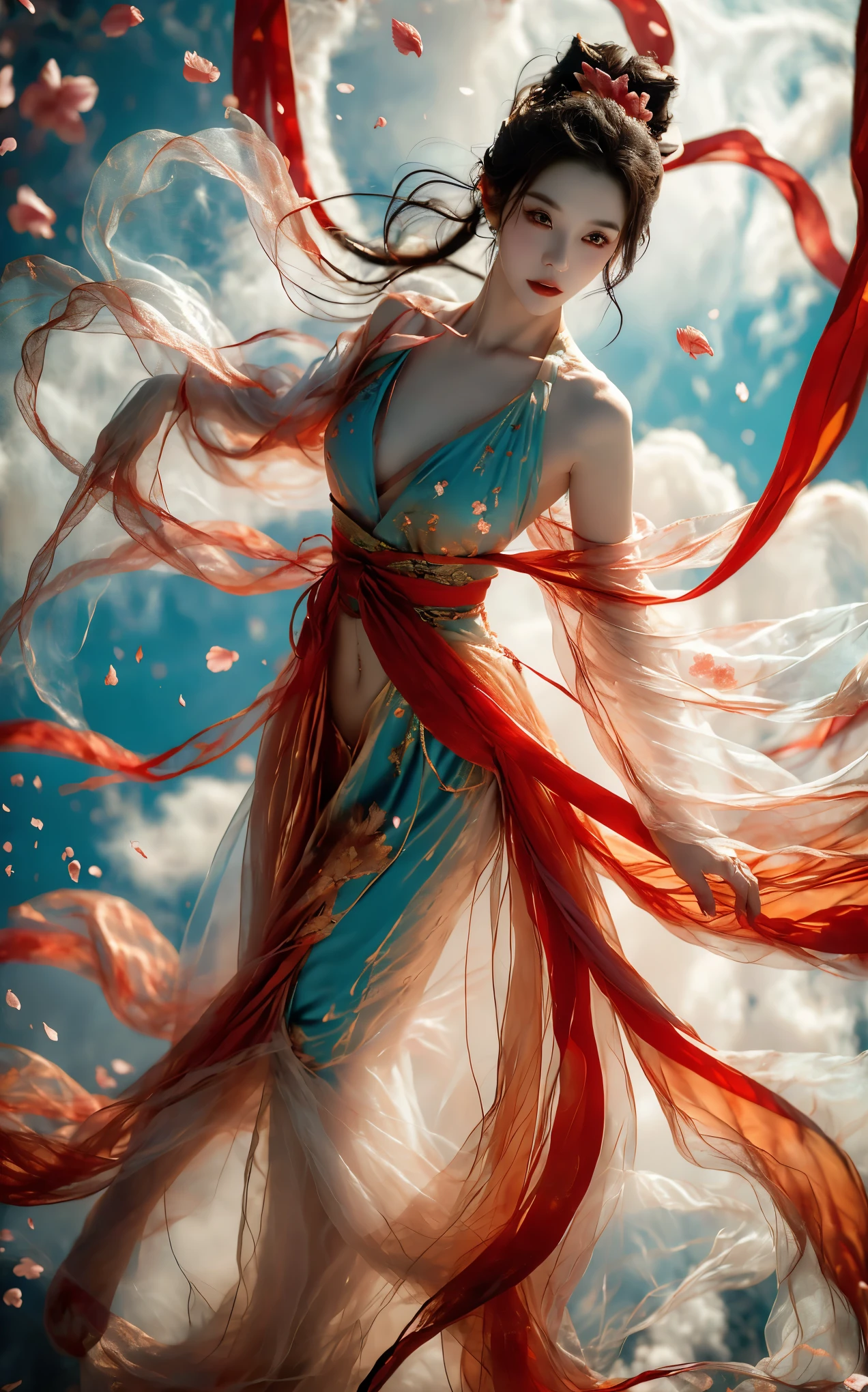 xuer Fairy in Clouds,Clouds,Fog,smoke,(full body:1.1),Fly,(float,fall:1.4),Dynamic Angle,Perspective,
medium breasts,(Scattered petal:1.3),exposed collarbone,exposed shoulders,exposed abdomen,colorful costumes,Cyan red ribbon,