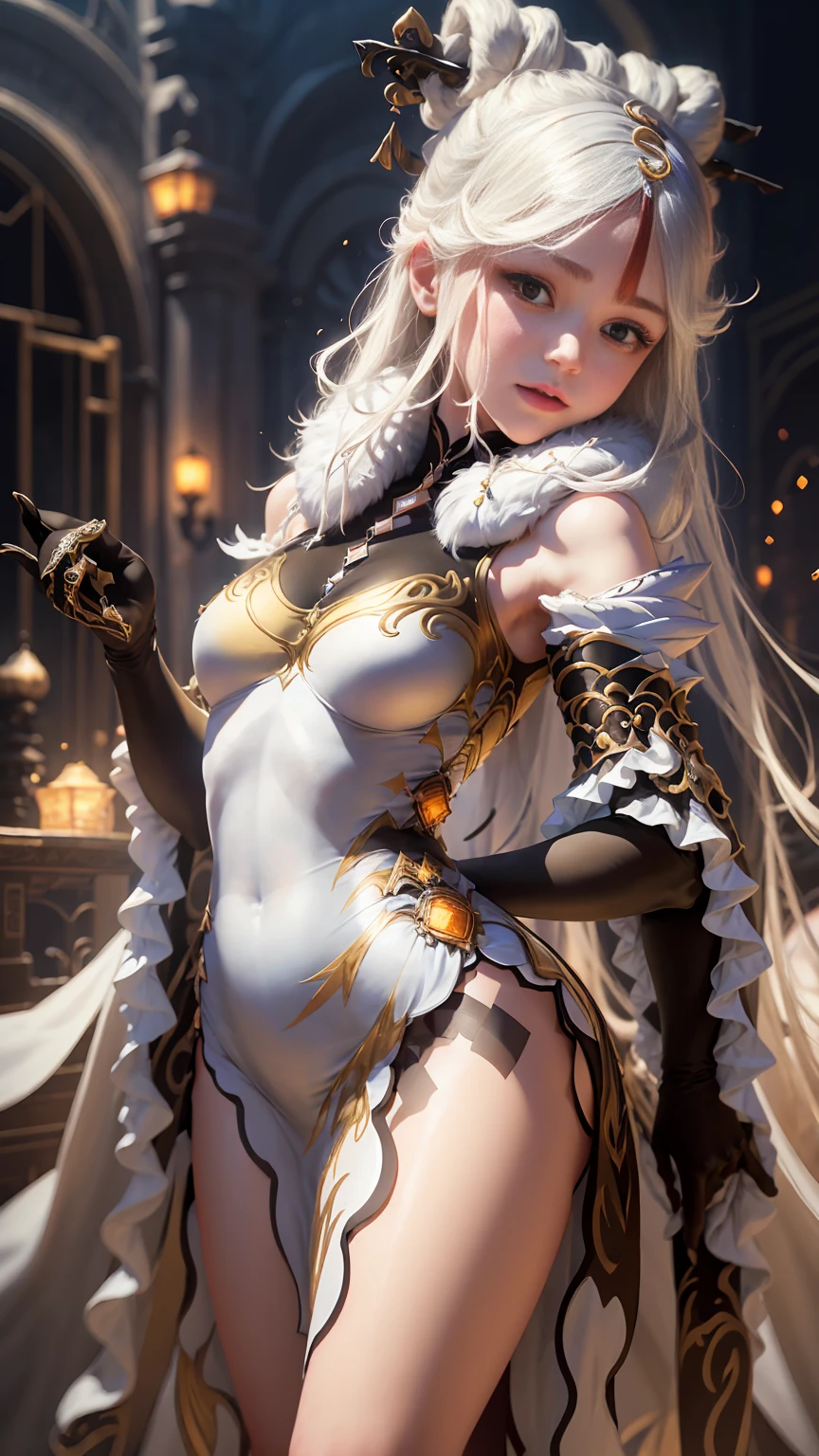  ((best quality)), ((masterpiece)), (detailed), 1girl, NSFW, small breasts, prominent collarbones, skinny arms, flat stomach, visible hip bones, long hair, ponytail, thick ponytail, heavy ponytail, red and white clothing, Bloodborne inspired, occult aesthetic, occult, detailed and intricate steampunk and detailed gothic 