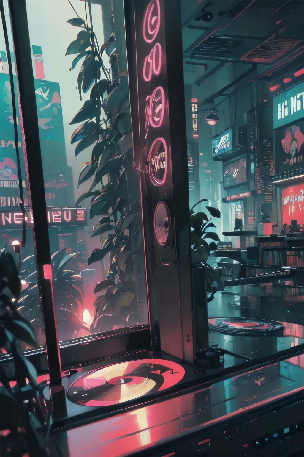 Extreme Quality , Masterpiece, 8k, fisheye lenses , intricate detail in wet water, (((unmanned))), space, movie poster, (((Record store))), nostalgia, panorama, Long Hit, ((( records on the shelf.))), ((( Different angles ))),Futuristic interior , (((neon))), (((plant))), ((Black)))、((( cyberpunk、cool)))