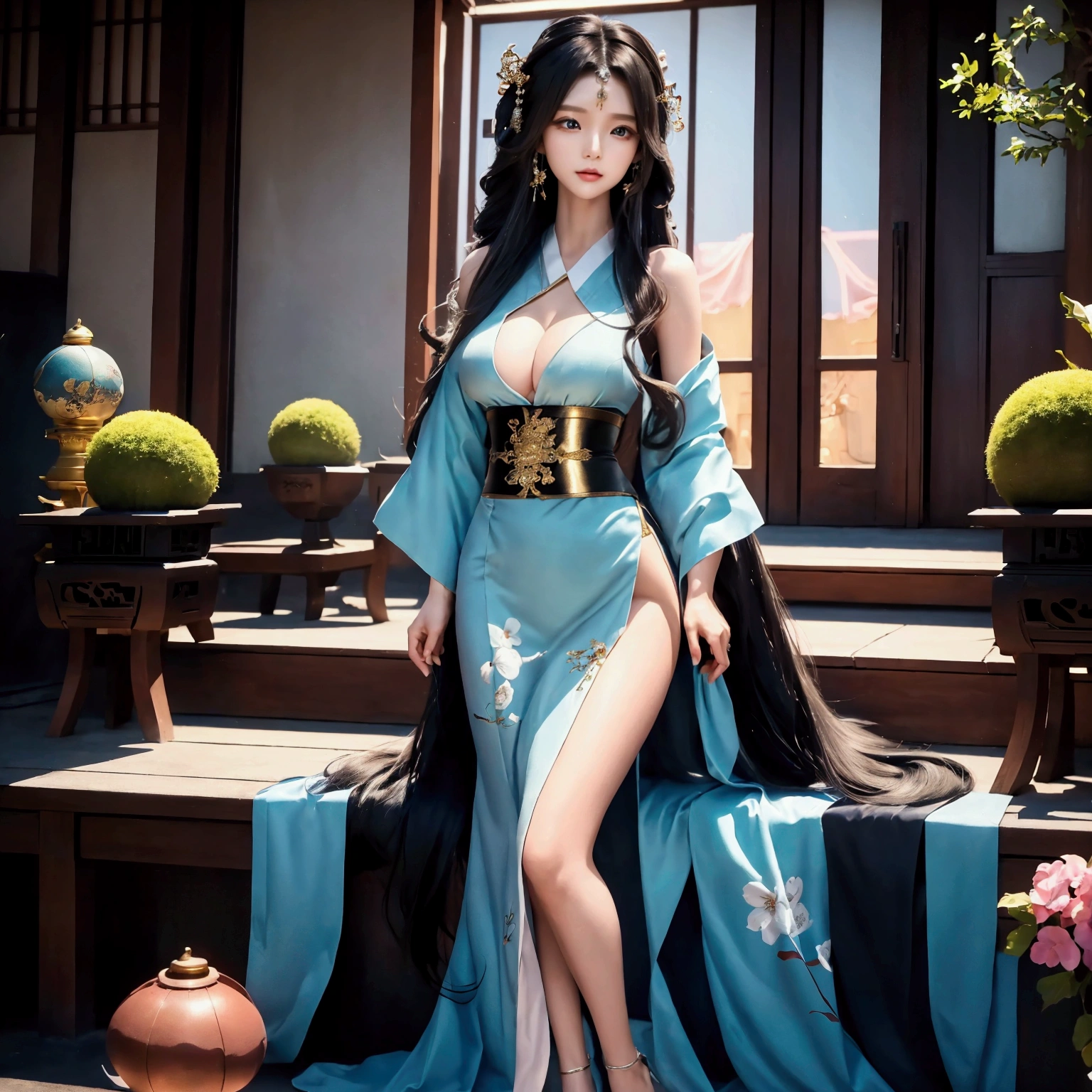 Under the bright spring sun,A costumed goddess dressed in gorgeous Chinese costumes,Standing quietly in the sea of mountains and rivers and flowers。Her face is beautiful,Like orchids in the valley,Immortal overflow。Wearing a lilac silk dress,With a gentle swing,It gives a dreamlike feeling。
Her hair was coiled,Decorated with gold and emerald hairpins,Elegant and dignified。The tassels on the forehead sparkle in the sun,It further highlights her noble temperament。Her eyes are like clear lake water,It's a year to be。
The surrounding sea of flowers is like a huge picture scroll,Luxuriant peonies、Delicate lilies、Fragrant jasmine flowers intertwine,Colorful ocean formation。Floral fragrance pervades,Intoxicating。The goddess stood quietly in the sea of flowers,As if integrated with these flowers,It's like a perfect landscape painting。
The sun shone on her face through the gaps in the leaves,It was like giving her a soft glow。A fresh breeze blew through,Her long dress fluttered in the wind,Like fairies under mortals。Butterflies dance among the flowers,It seems to be providing her with a beautiful dance。
The whole scene is breathtakingly beautiful,It's like a wonderland on earth。The goddess of Hanfu stands in the sea of mountains and rivers and flowers,It gives the feeling of traveling through time and space,Let people immerse themselves in this beautiful picture。Full body photo,standing on your feet,Jade foot,high-heels,little breast,Small of breast,little breast