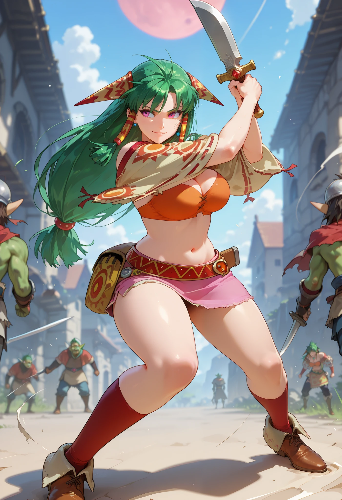 26 yo, face look alike to feena from \(Grandia\), Beautiful Mature young milf, eyesHD, high gradient eyes, detailed eyes, high definition eyes, (mature woman with lean perfection abdomen), sweet sweet decissive expression - serious expression, confident smirk, large natural breasts, Curvy body, (outdoor-holding a decorated gladius-knife with 1hand - ready to fight a pack of wolves in fantasy classic Grandia settings), battle stance, solo, 1girl, BREAK, She wears an orange bra top that leaves her abdomen exposed, paired with a small short pink skirt held up by a thin red belt. Covering her arms is a tan-colored shawl adorned patterns on both sleeves. Her long green hair flows down her back, with some sections tied through two patterned hair accessories. She completes her ensemble with ripped red socks that extend past her knees and brown shoes featuring tribal patterns similar to those on her belt and shawl, official arts, dynamic jrpg view, cinematic dynamic angles, fantastic fantasy vibrant background, fighting monsters, surrounded by monsters orc goblins, 
