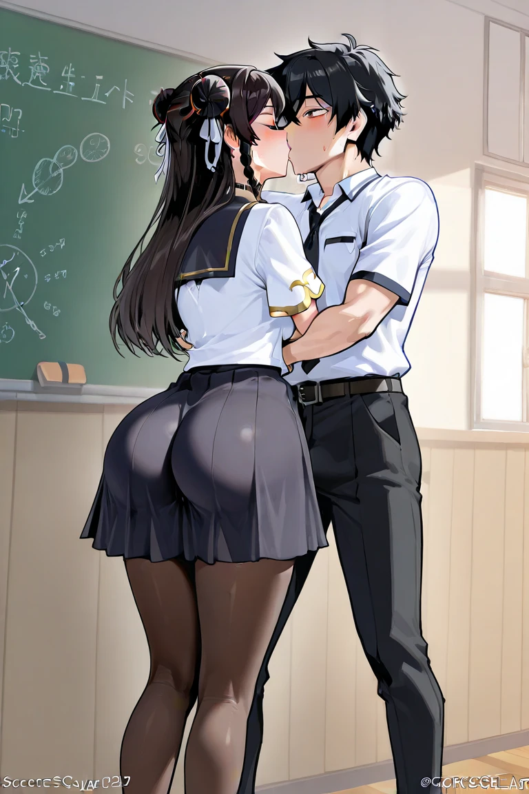 Classroom table, white breath、open clothes, Drooling from the mouth、orgasm,  panties、(two people), 2girls, yuri, lick anal, male tongue, girl is all fours, girl show anal, from side, Squirting、school uniform, blazer, classic style with white shirt and skirt, formal look, Thick pubic hair、Fair skin、updo、Side view、Motion lines of trembling effect with sexual climax