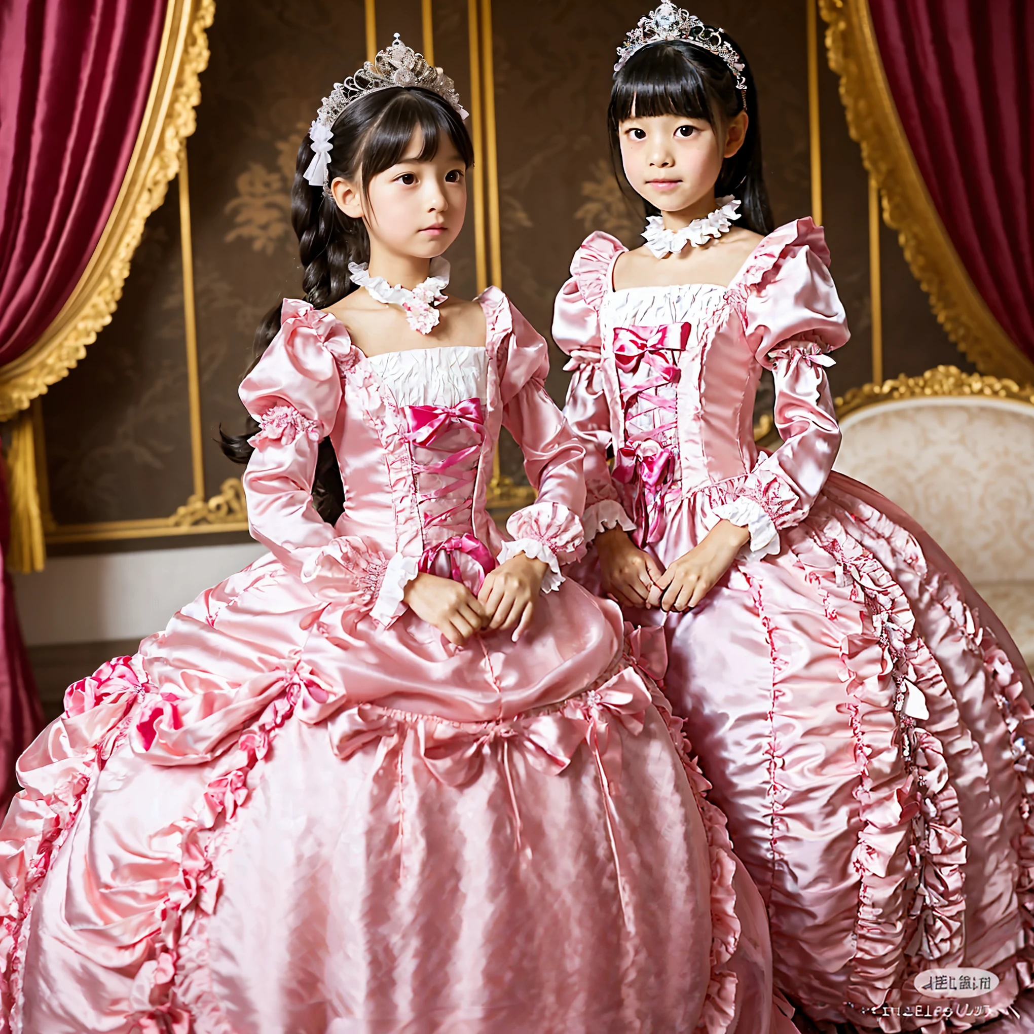 highest quality, masterpiece, highest resolution, artwork, super それにget used to it, many get used to it, get used to it, それにget used to it,, girl,cute girls,(()),((All girls)),girls are princesses,everyone wears a tiara on their head,((all have volume,She is wearing a pink Victorian ball gown dress with a full-length hoop skirt)),the dress is round and bulging,(Long sleeves with ruffles),((A long dress that almost touches the floor)),A dress with lots of frills and ribbons..,((ruffle yoke collar)),luxury,inside the palace,Satin fabric dresses,They are kissing.,lesbian,behind a canopy bed,
