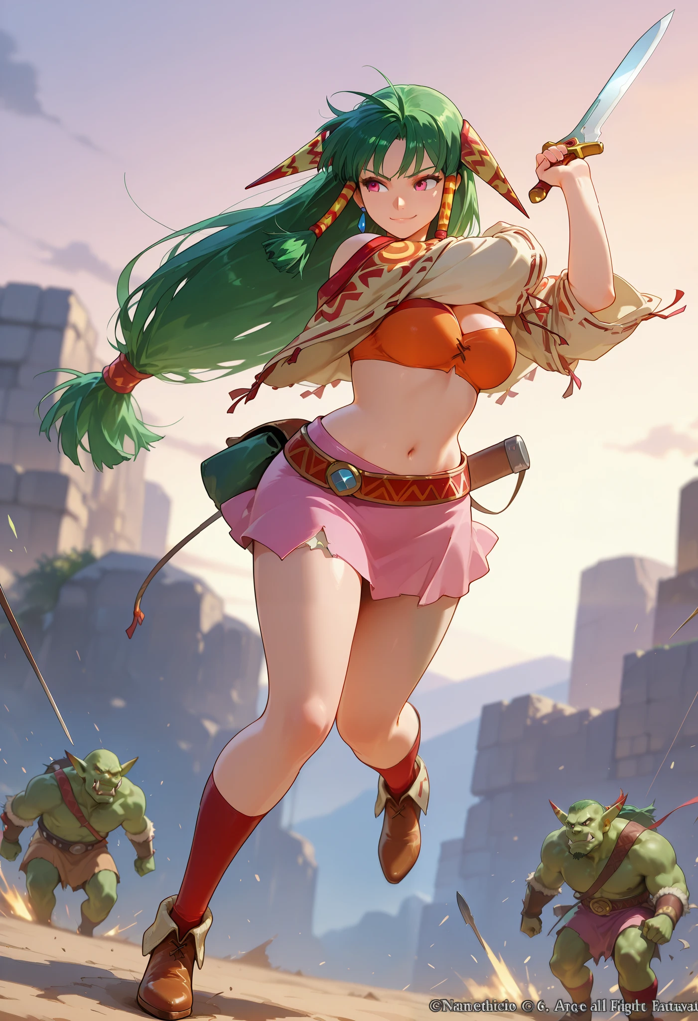 26 yo, face look alike to feena from \(Grandia\), Beautiful Mature young milf, eyesHD, high gradient eyes, detailed eyes, high definition eyes, (mature woman with lean perfection abdomen), sweet sweet decissive expression - serious expression, confident smirk, large natural breasts, Curvy body, (outdoor-holding a decorated gladius-knife with 1hand - ready to fight a pack of wolves in fantasy classic Grandia settings), battle stance, solo, 1girl, BREAK, She wears an orange bra top that leaves her abdomen exposed, paired with a small short pink skirt held up by a thin red belt. Covering her arms is a tan-colored shawl adorned patterns on both sleeves. Her long green hair flows down her back, with some sections tied through two patterned hair accessories. She completes her ensemble with ripped red socks that extend past her knees and brown shoes featuring tribal patterns similar to those on her belt and shawl, official arts, dynamic jrpg view, cinematic dynamic angles, fantastic fantasy vibrant background, fighting monsters, surrounded by monsters orc goblins,