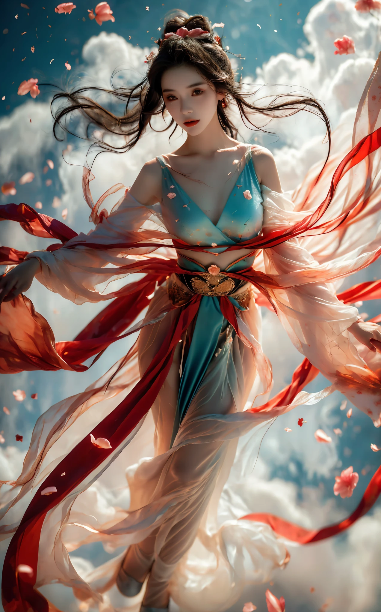 xuer Fairy in Clouds,Clouds,Fog,smoke,(full body:1.1),Fly,(float,fall:1.4),Dynamic Angle,Perspective,very pretty face,perfect figure,
Round breasts,(Scattered petal:1.3),exposed collarbone,exposed shoulders,exposed abdomen,colorful costumes,Cyan red ribbon,