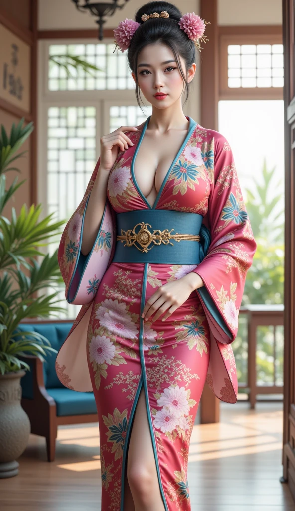 1girl, beautiful girl (24 years old), MILF, Enermous breasts:1.1, seductive smile, beautiful face, blue eyes, long hair, pink hair: 1.2, long hair, bangs, flower hair pin, off-shoulders, bare breasts, holding breasts with hand, breasts grab, pretty bright skin, korean idol makeup look, (full-body), looking at viewers, japanese kimono, black kimono, pattern, open chest cloths, Enermous :1.1, perfect , highest quality, ultra-detailed, hyper detail face, detailed face: 1.2, round breasts, irezumi tattoo style, tattoo on breasts, tttattoo, showing her thigh , tattoo on thigh, sexy thigh, standing, erotic pose
